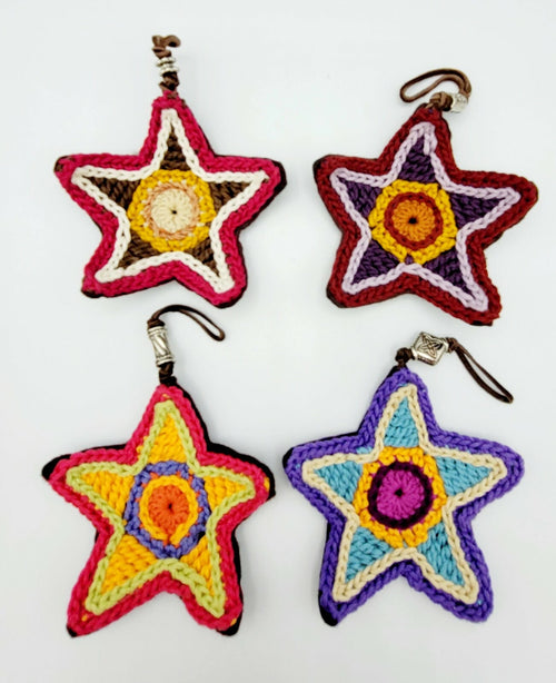 Crochet Knit Star Ornaments Lot of 4 Multi color Felt Back Leather hanger 4 in