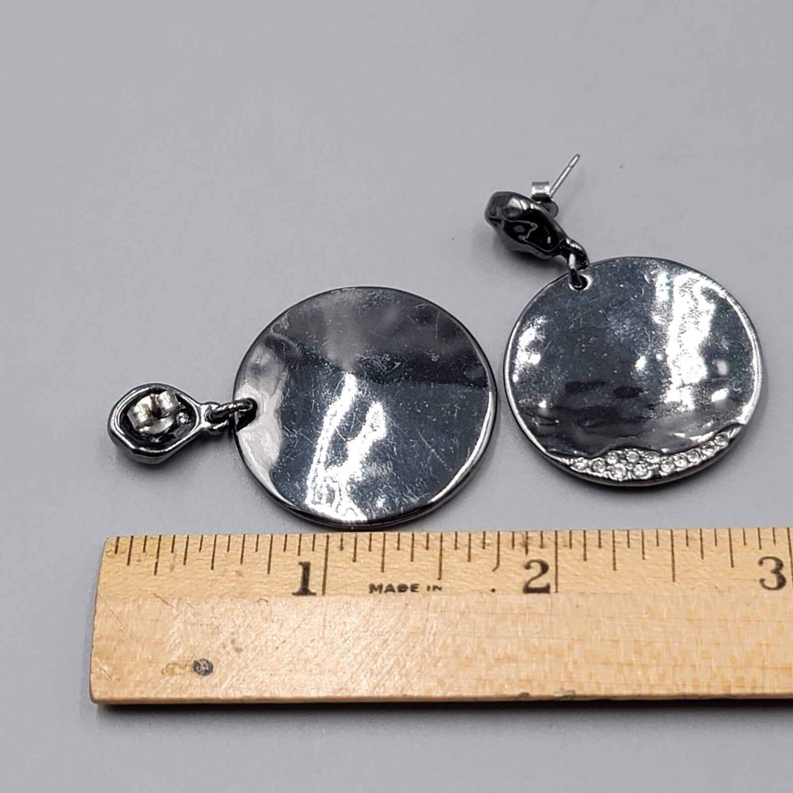 Black Metal Statement Pierced Earrings Rhinestone Round Dangle 1 5/8"