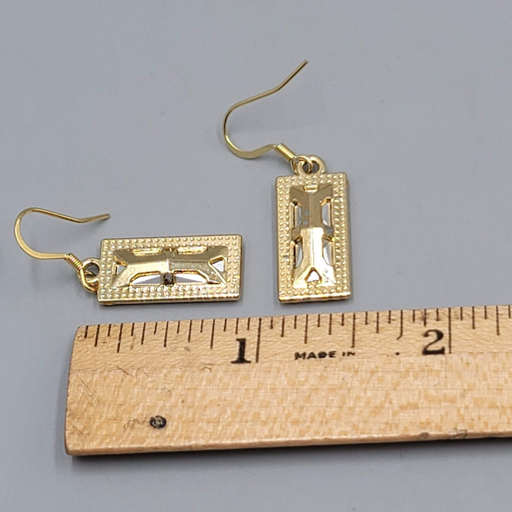 Pale Pink Rhinestone Rectangle Pierced Earrings Gold tone Dangle 7/8"