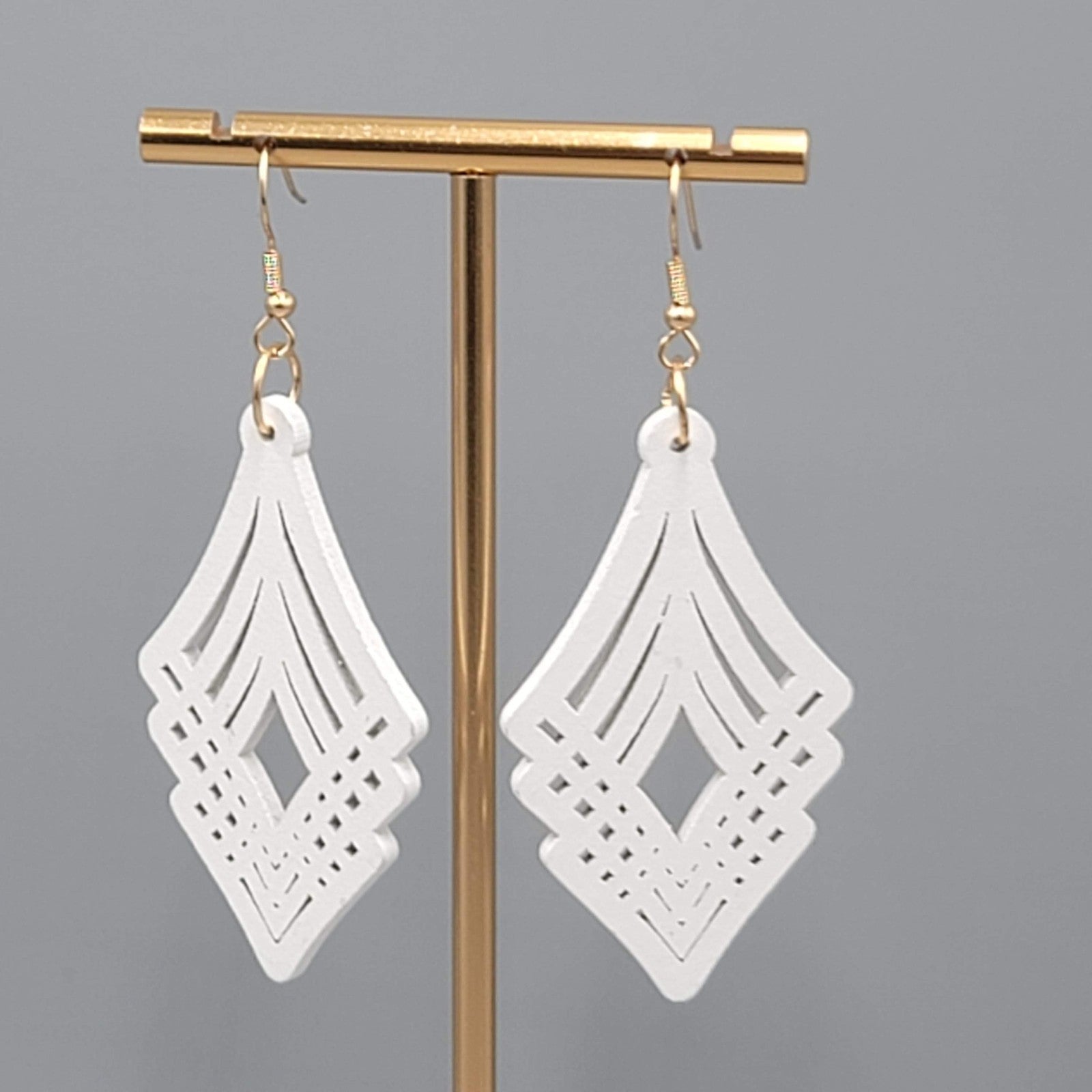 White Painted Laser Cut Wood Pierced Earrings Gold tone Dangle Statement 2 3/8"