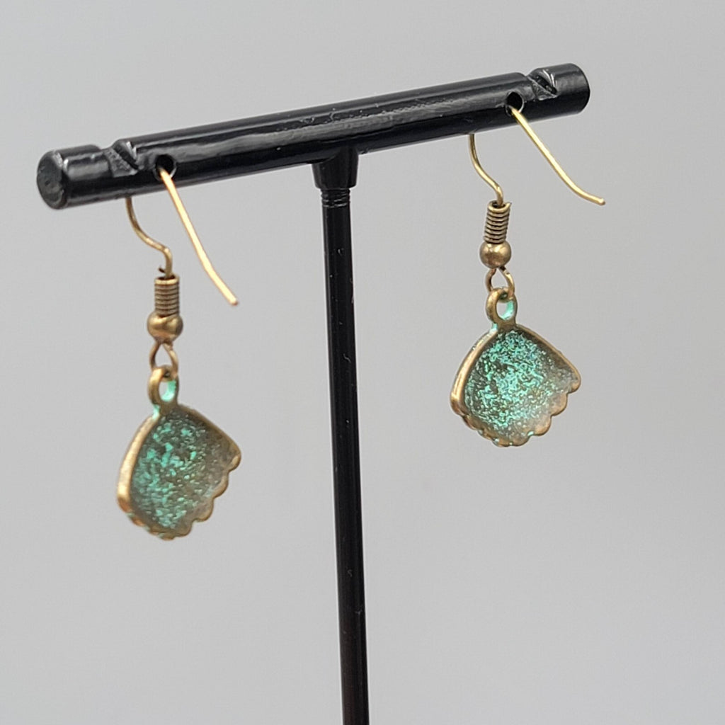 Shell Beach Sealife Pierced Earrings Bronze tone Green wash Dangle Embossed 5/8"