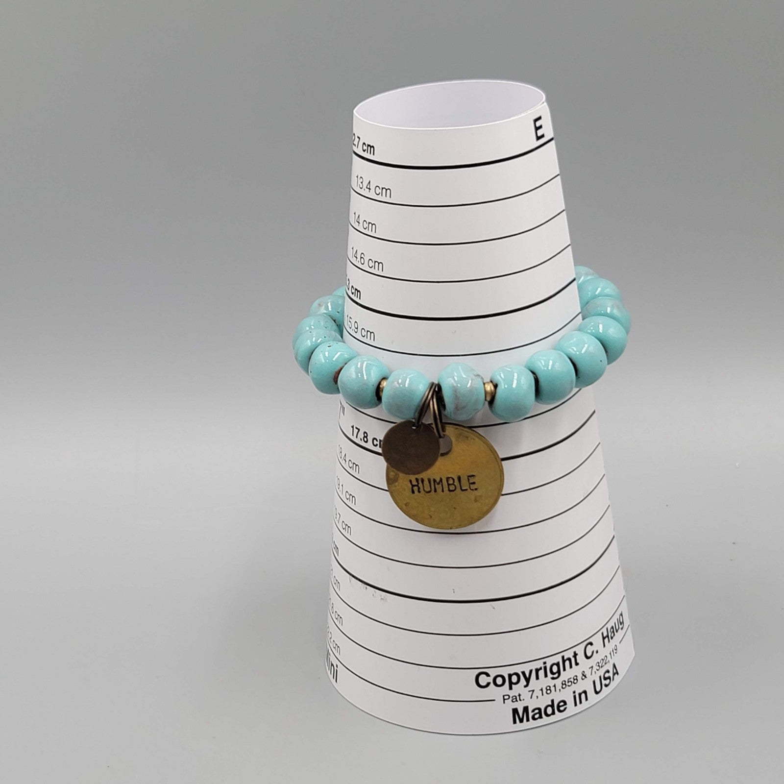 Signed Blue Pottery Blue Bracelet Brass HUMBLE Charm 6.5" Elastic Stretch