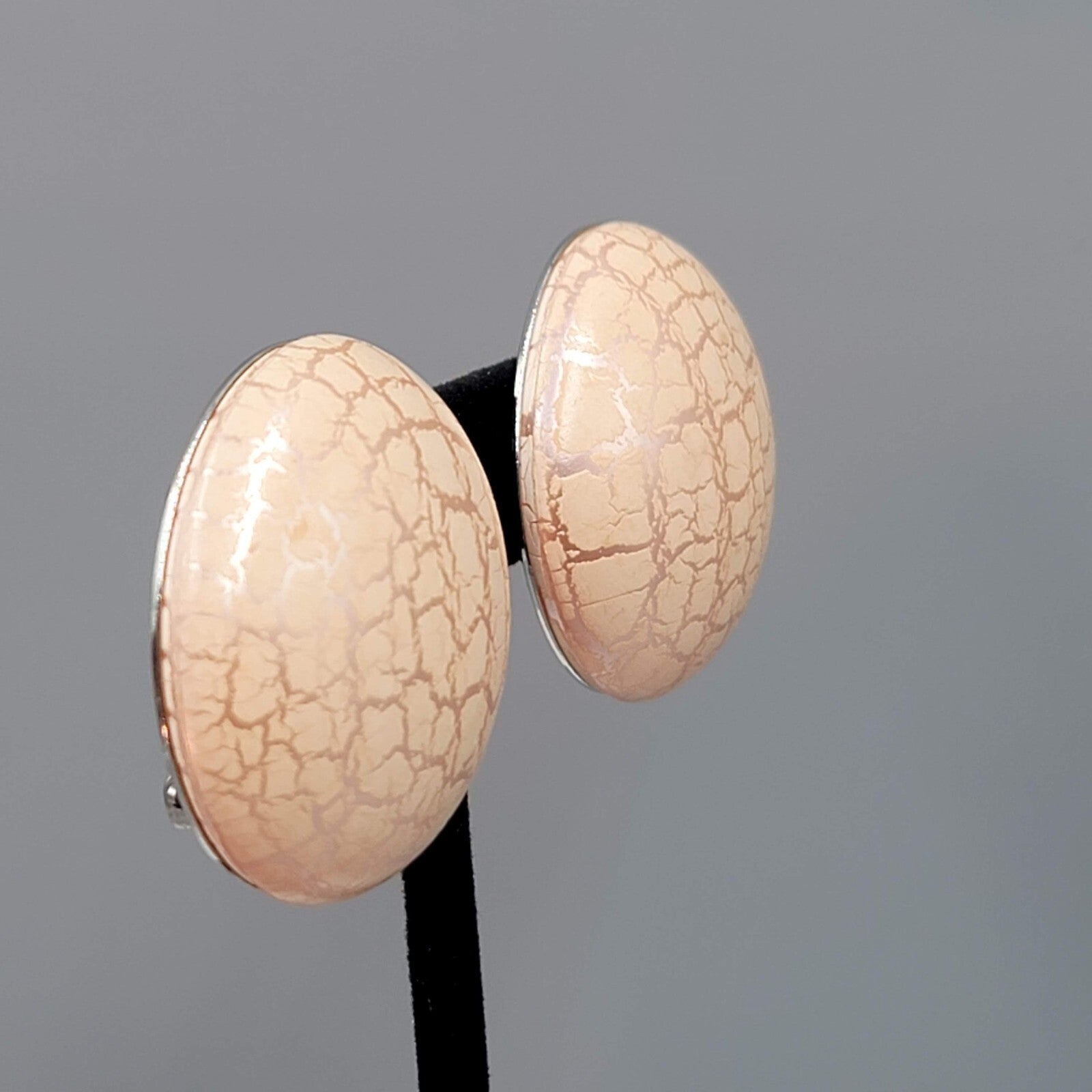 Vintage Clip on Earrings Peach tone Crackle Large Statement Round 1 3/8"