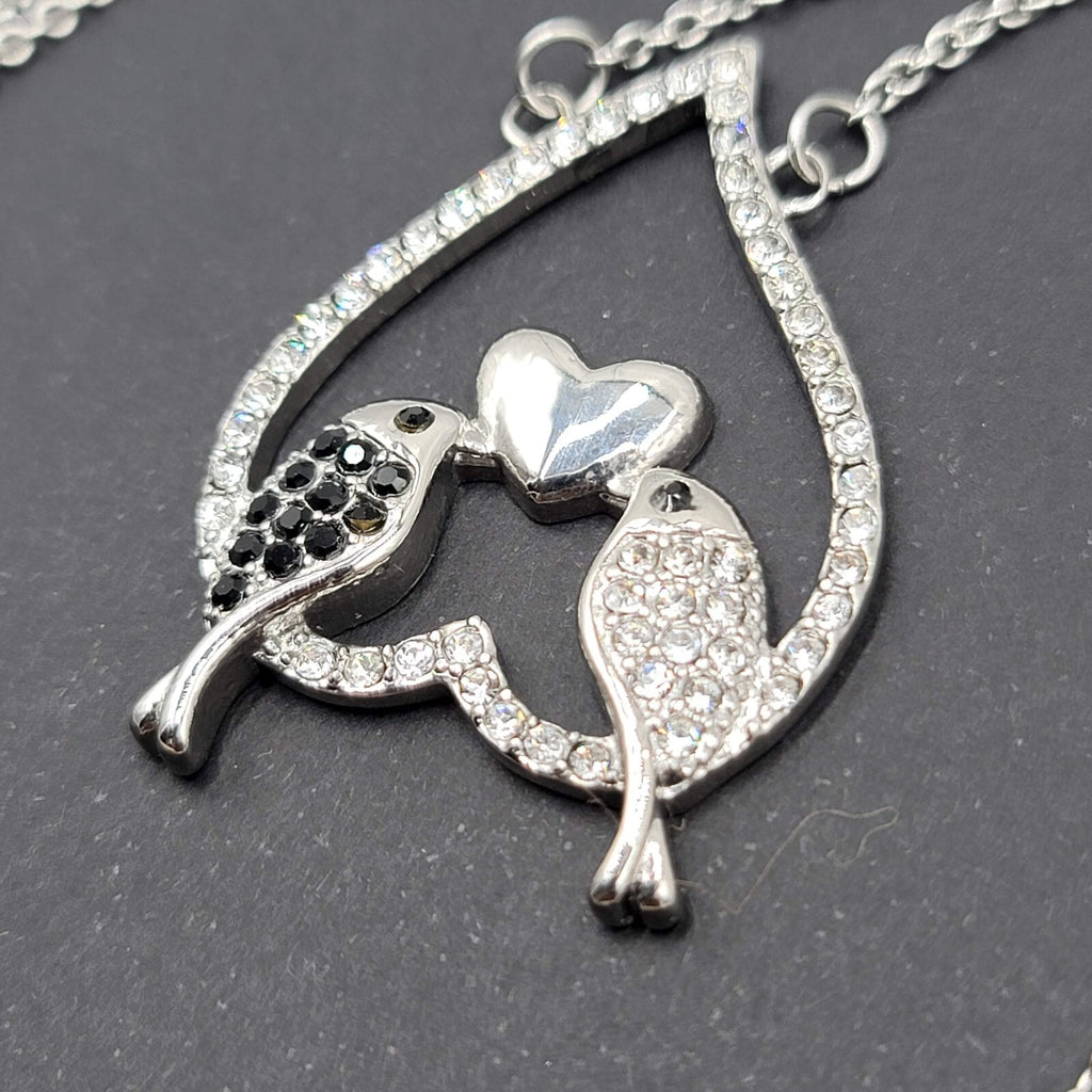 Bird Necklace Silver tone Black Clear Crystal Rhinestones Pendant 20"