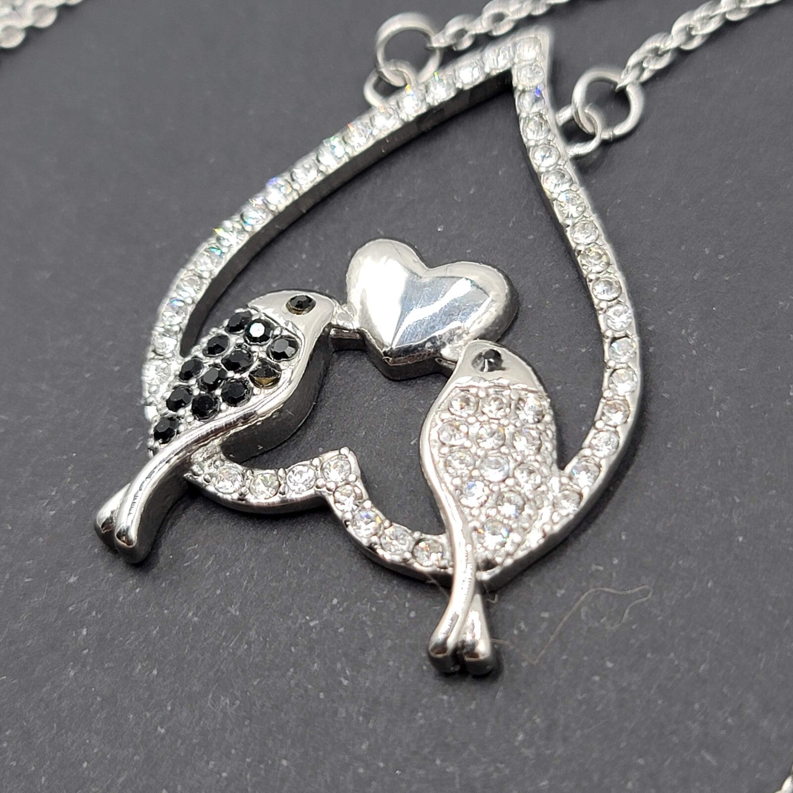Bird Necklace Silver tone Black Clear Crystal Rhinestones Pendant 20"