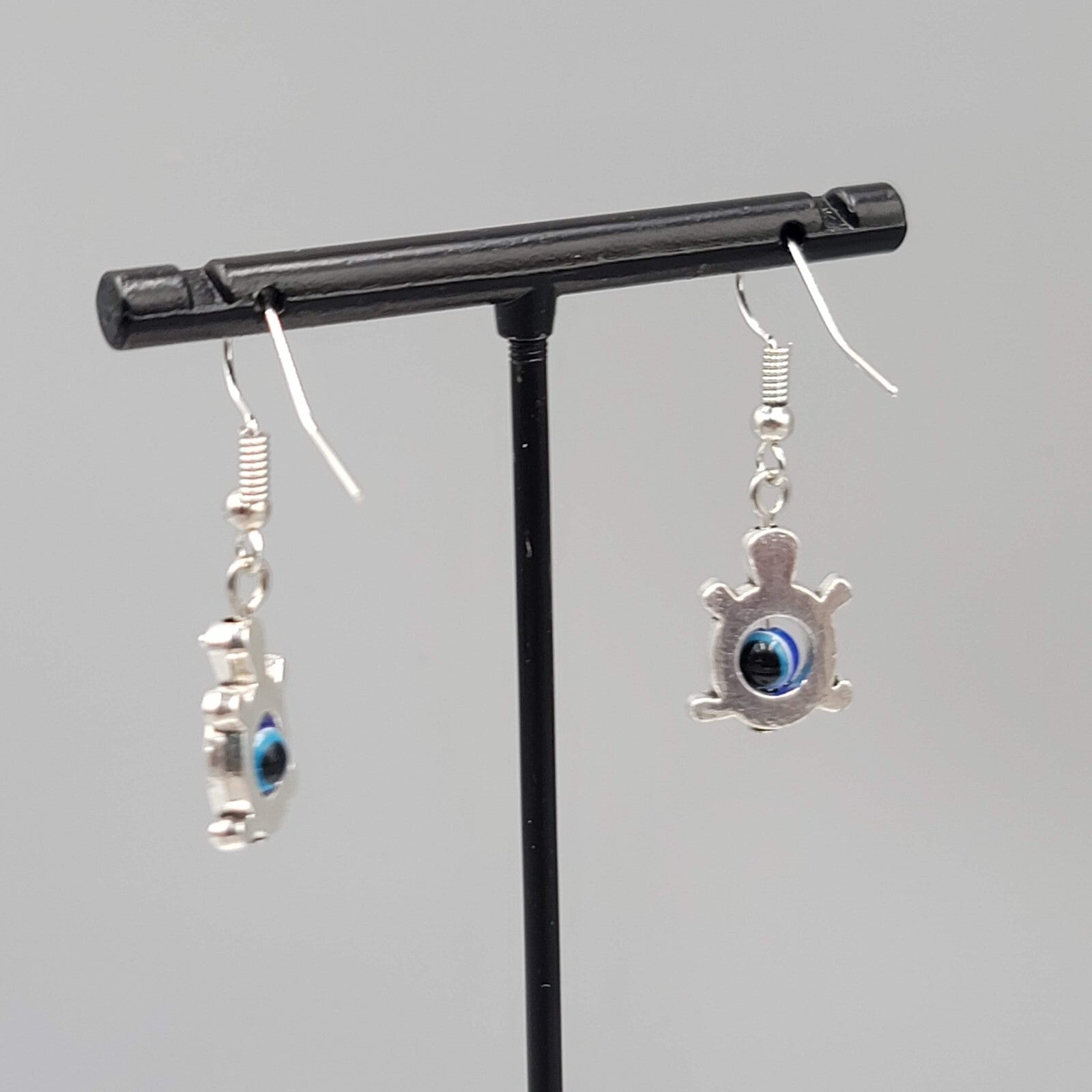 Turtle Evil Eye Pierced Earrings Silver tone Blue Bead Dangle 3/4"