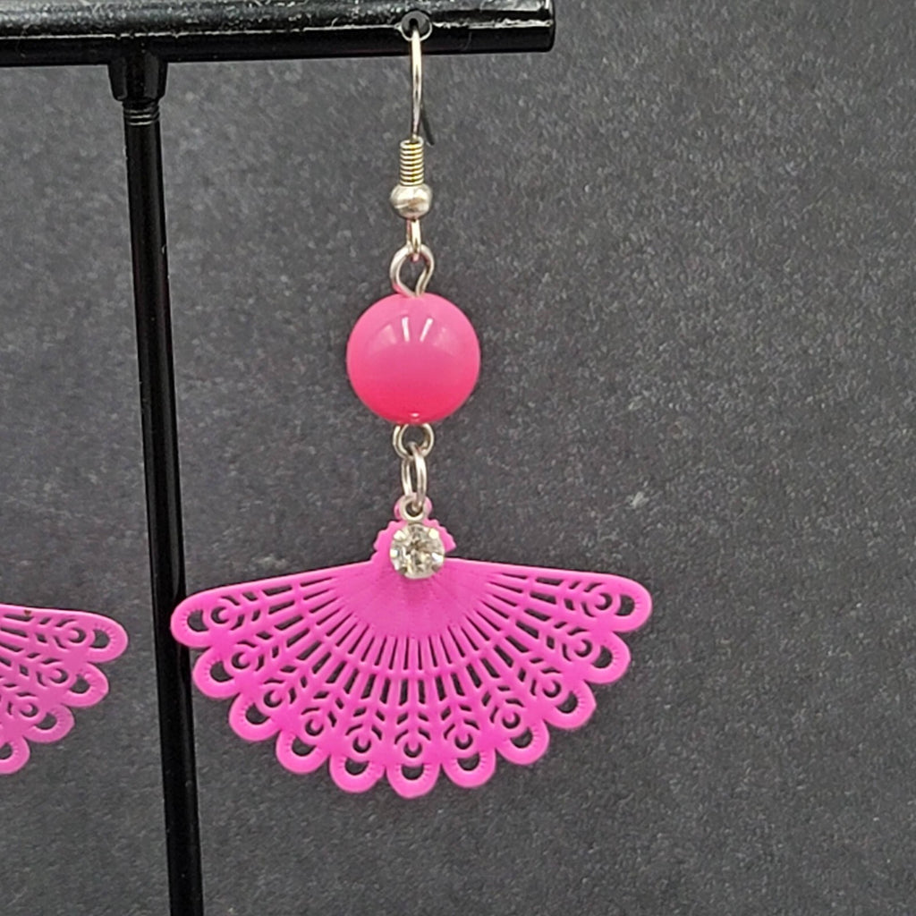 Pierced Earrings Hot Pink Enamel over Metal Fan Bead Dangle 1.75"