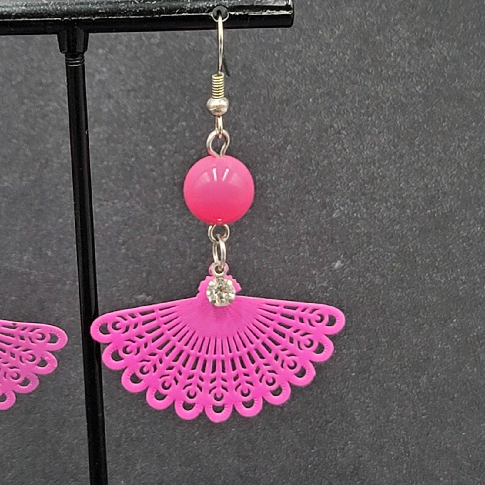 Pierced Earrings Hot Pink Enamel over Metal Fan Bead Dangle 1.75"