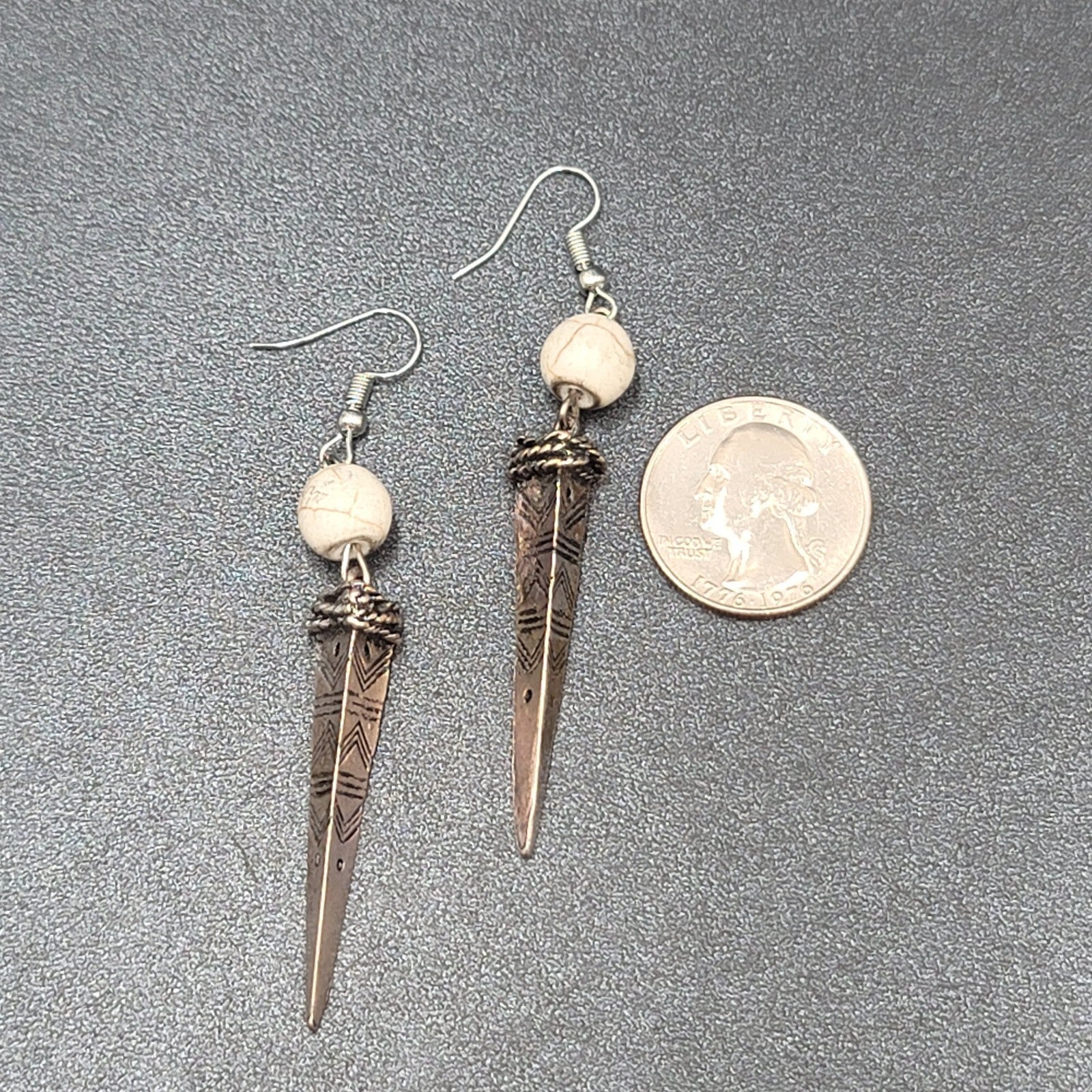 Pierced Earrings Silver tone White Stone Bead Dangle Spike 2.25"