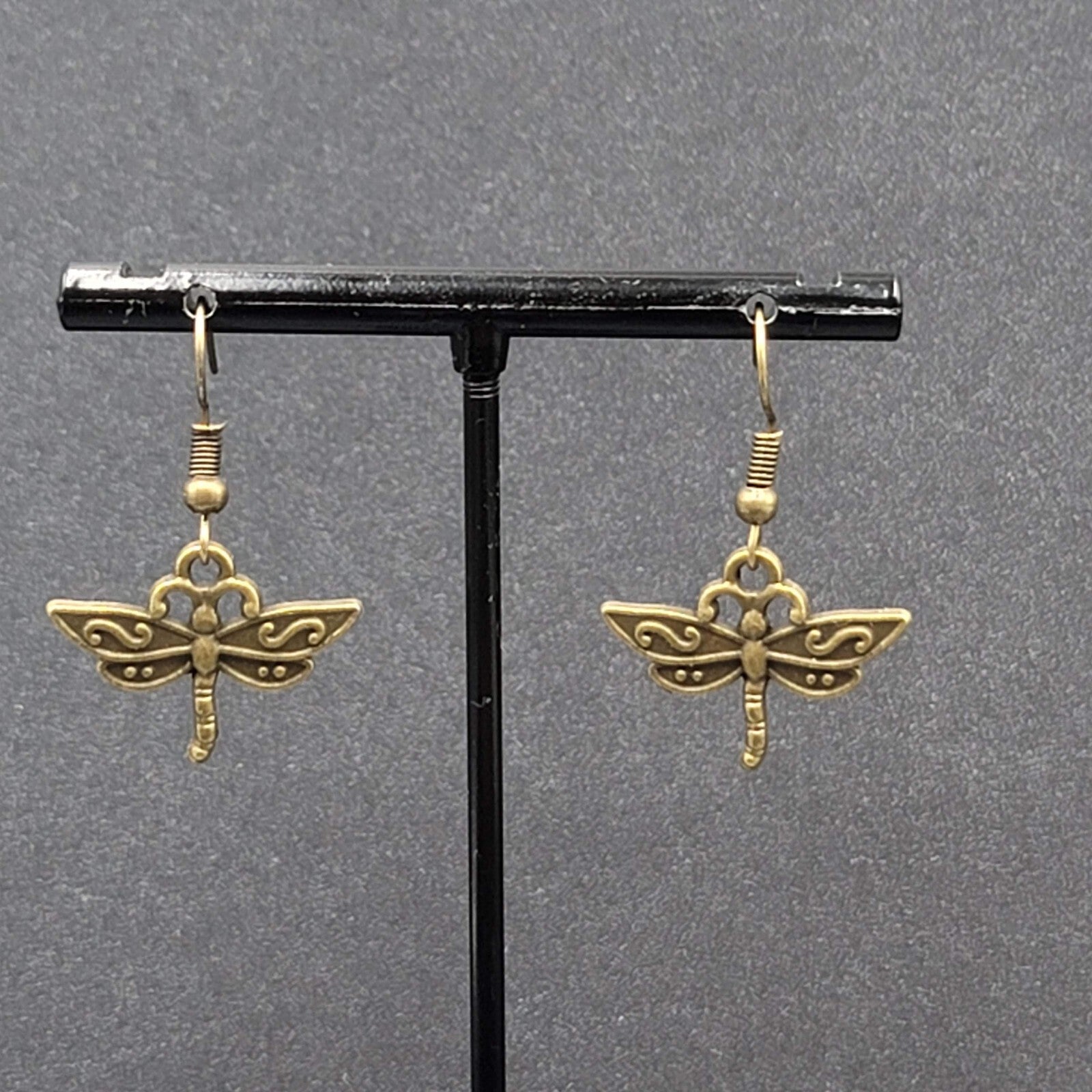Dragonfly Pierced Earrings Dangle Bronze tone Bug Insect 5/8"