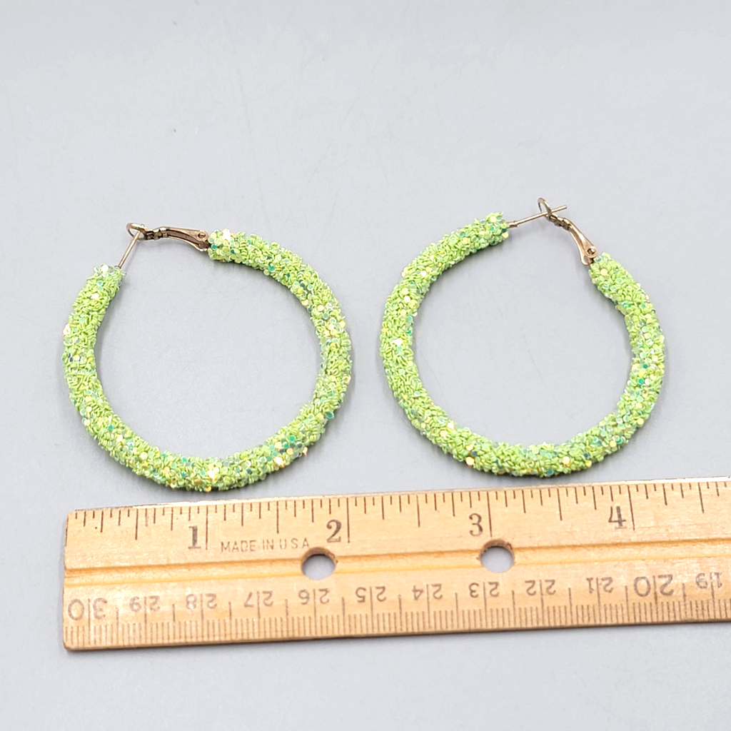 Neon Green Confetti Hoops Pierced Earrings Gold tone Large 