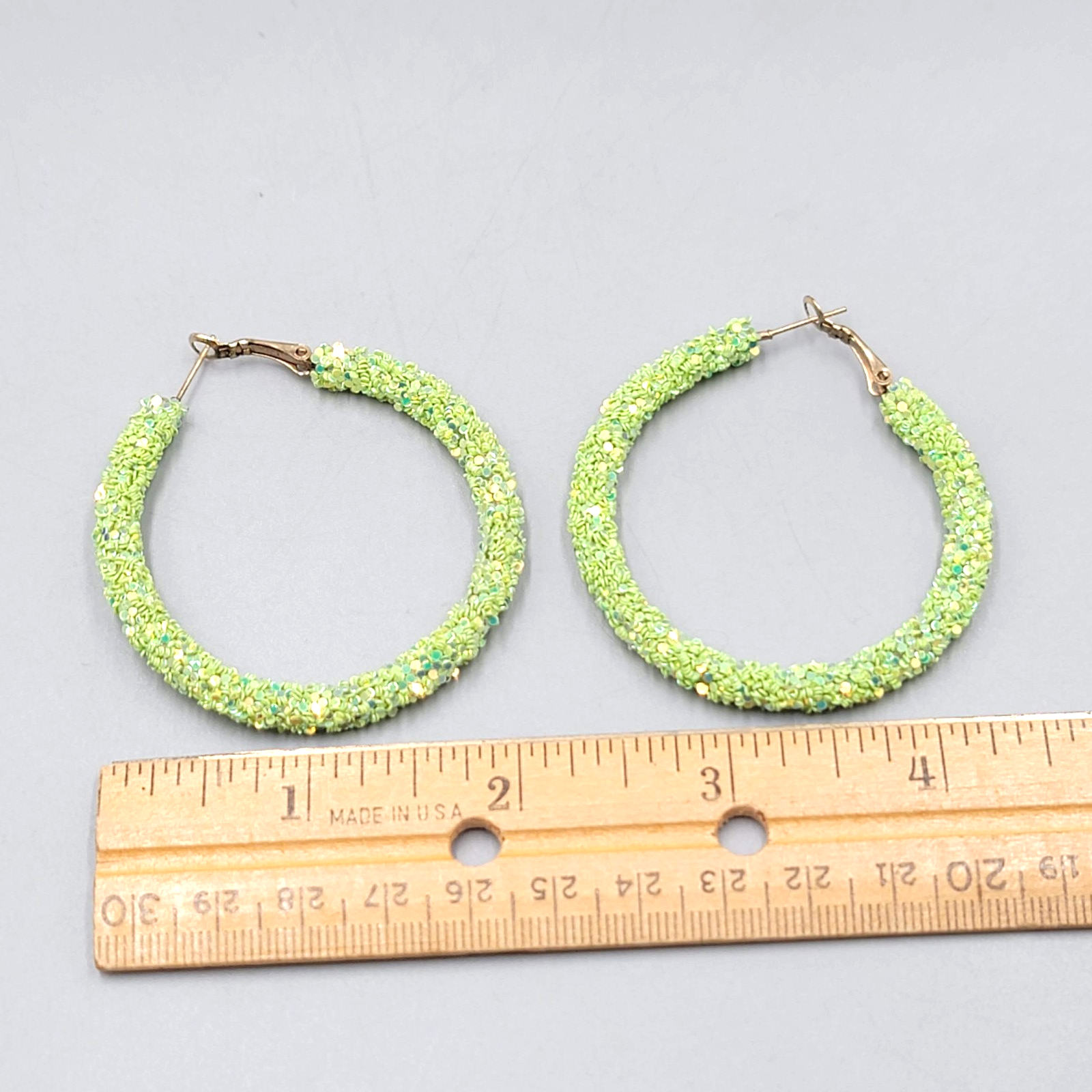 Neon Green Confetti Hoops Pierced Earrings Gold tone Large 