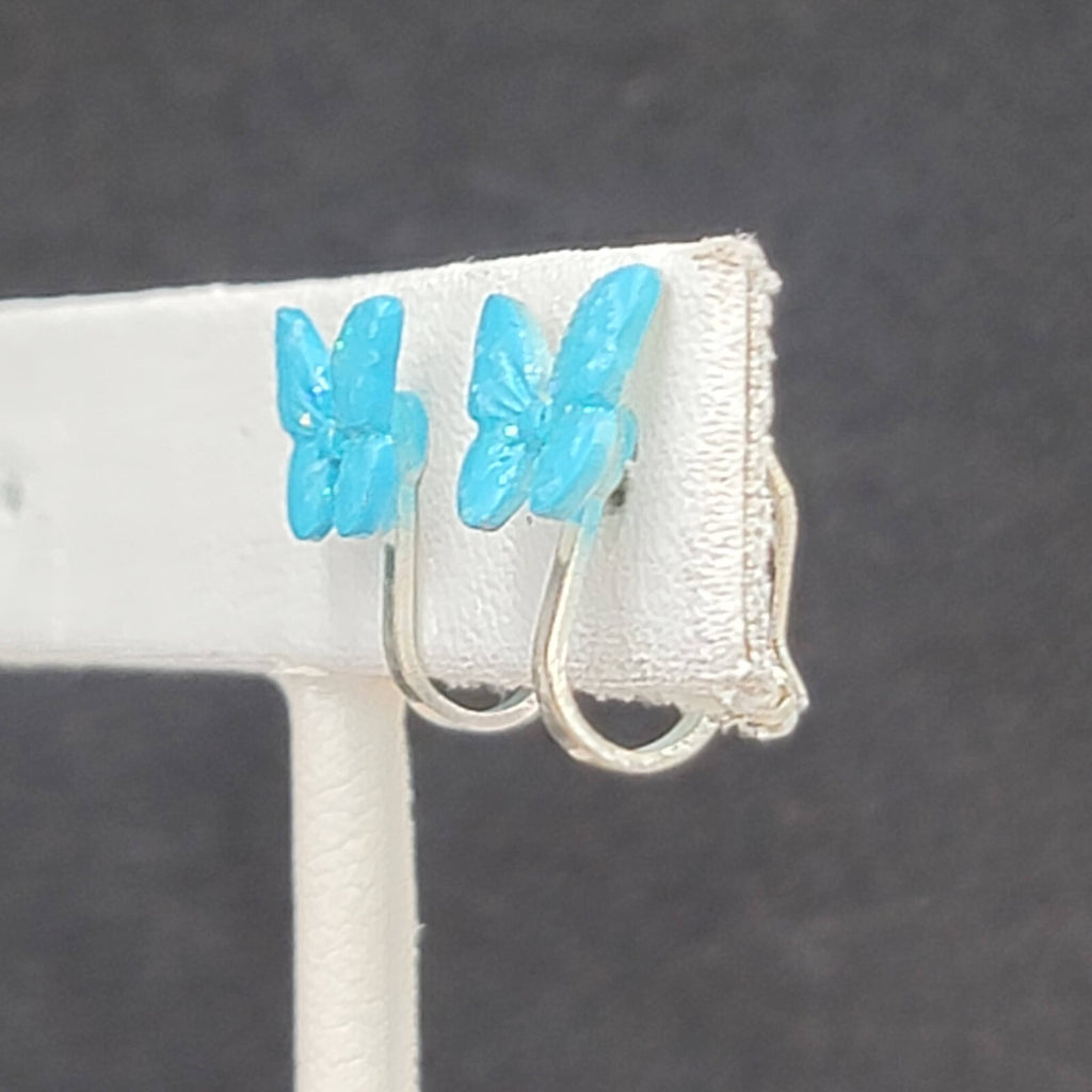 Vintage Clip on Earrings Silver tone Blue Enamel Butterfly Studs 1/4"