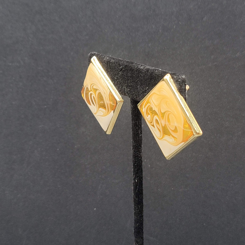 Vintage Pierced Earrings Gold tone Swirl White Gold Enamel Square Drop 1 3/8"