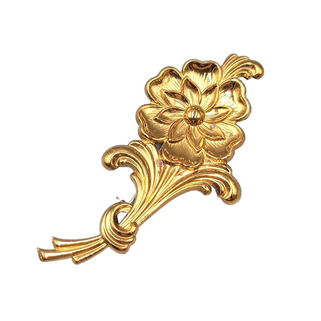 Vintage Flower Brooch Embossed Gold Tone Metal 3 3/8""