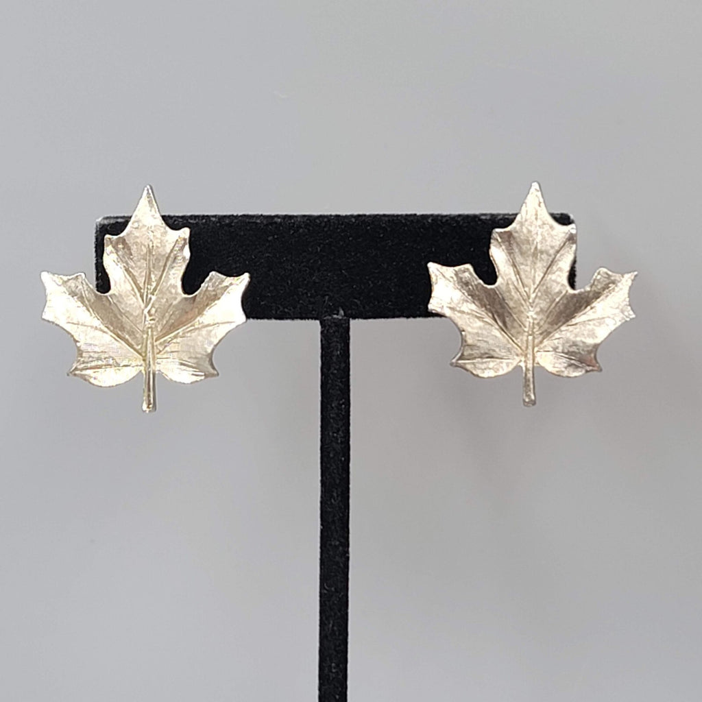 Vintage Leaf Clip on Earrings Brushed Textured Silver tone 1.25"