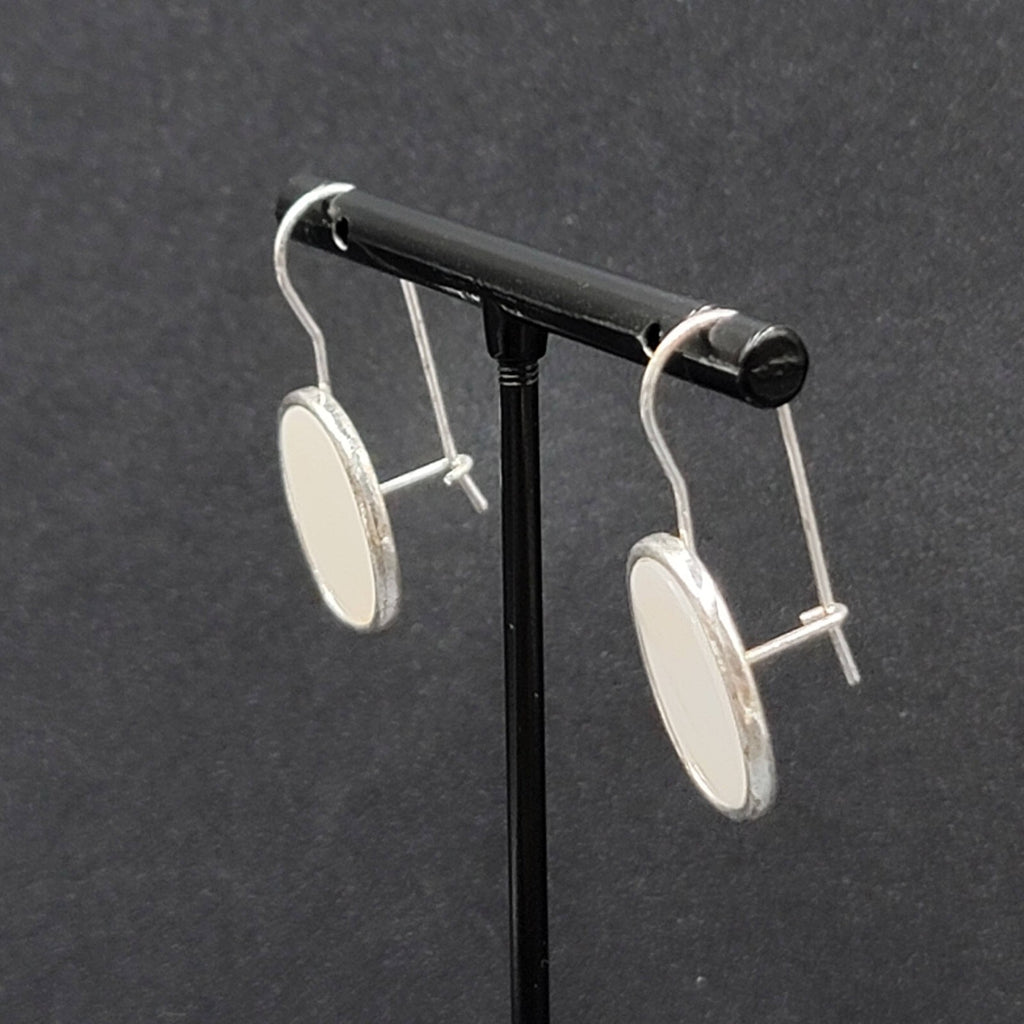 Avon Pierced Earrings Silver tone White Shell Inlay Oval Dangle 3/4"