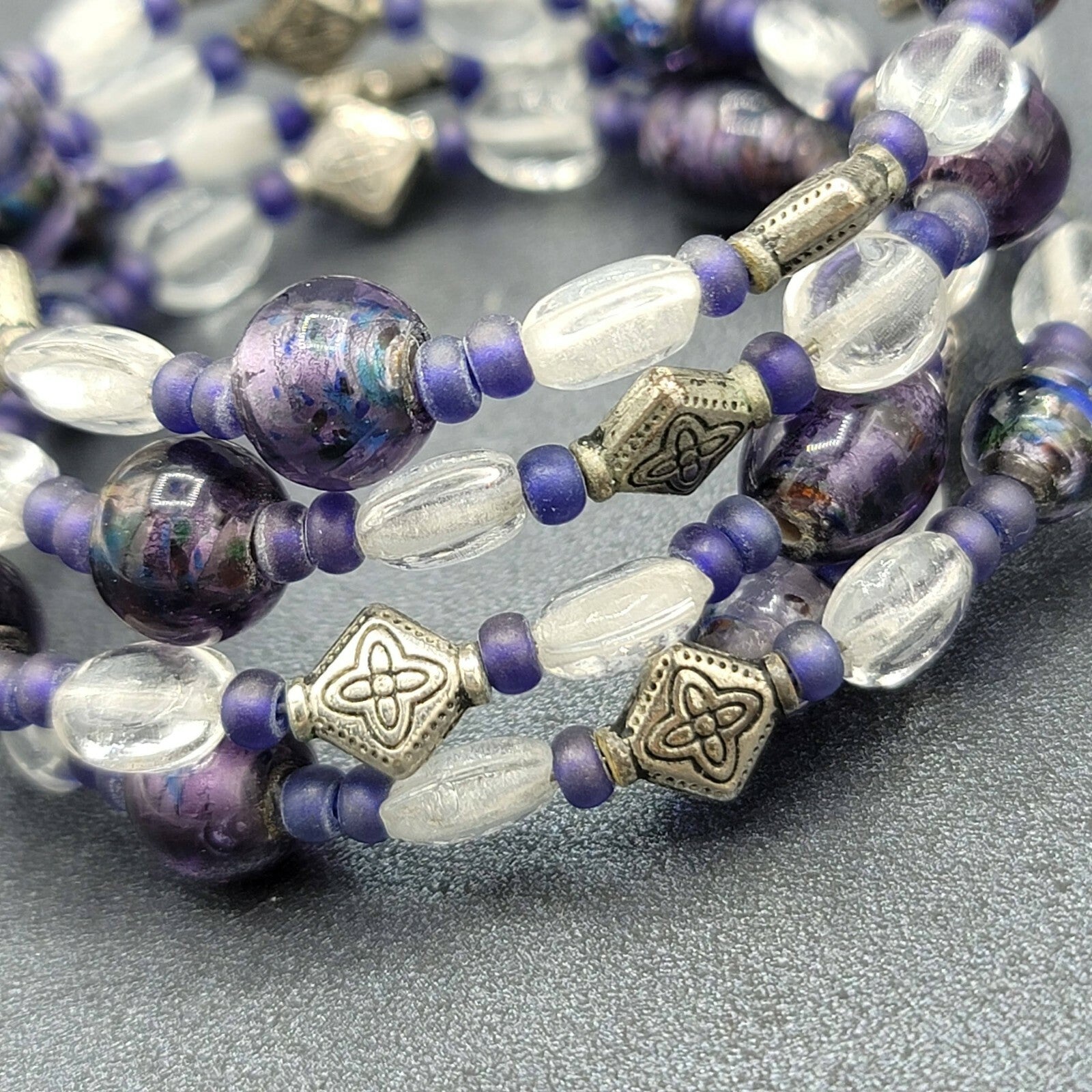 Memory Wire Bracelet Purple Silver tone Clear Glass Beads 
