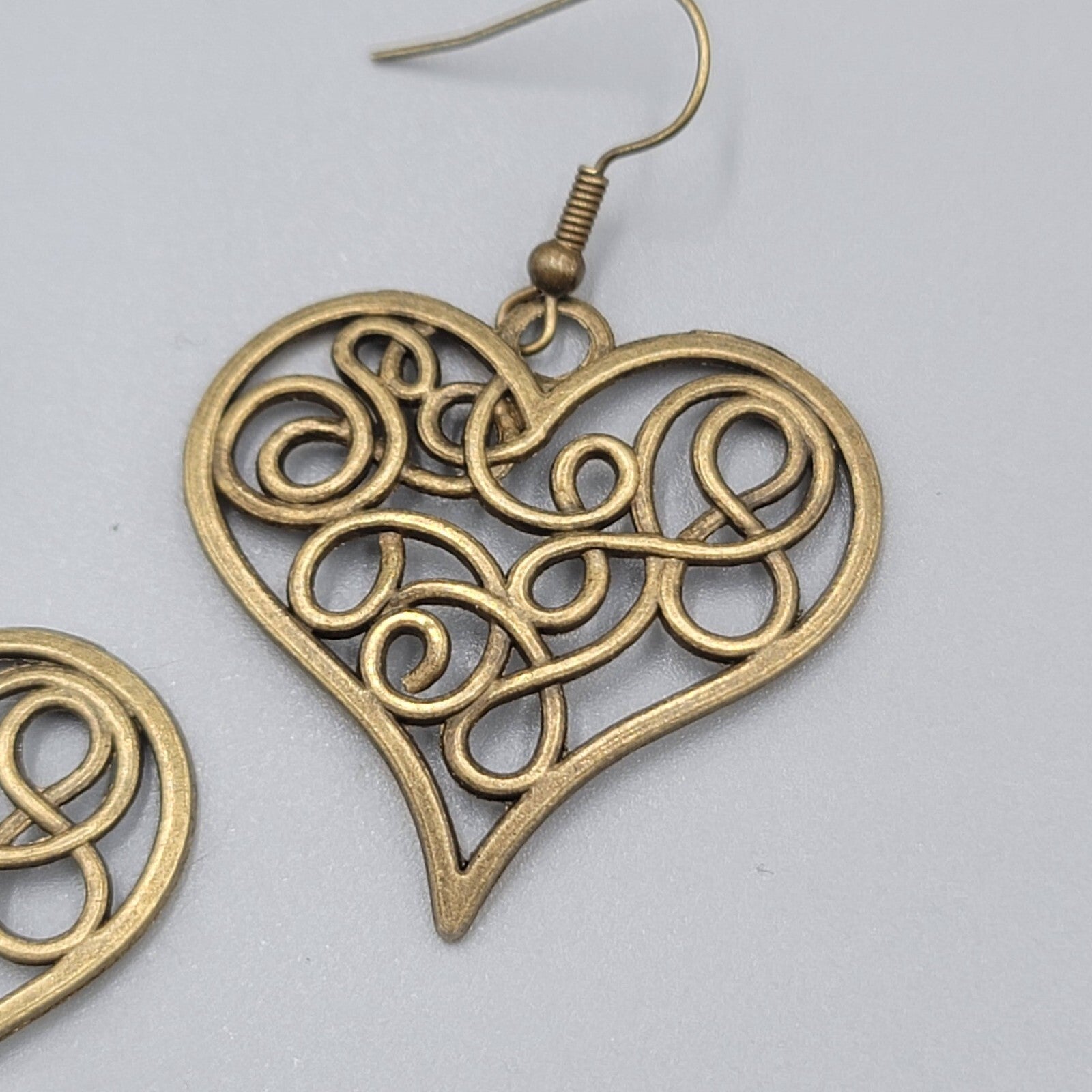 Heart Pierced Earrings Filigree Bronze tone Dangle New 1.25"