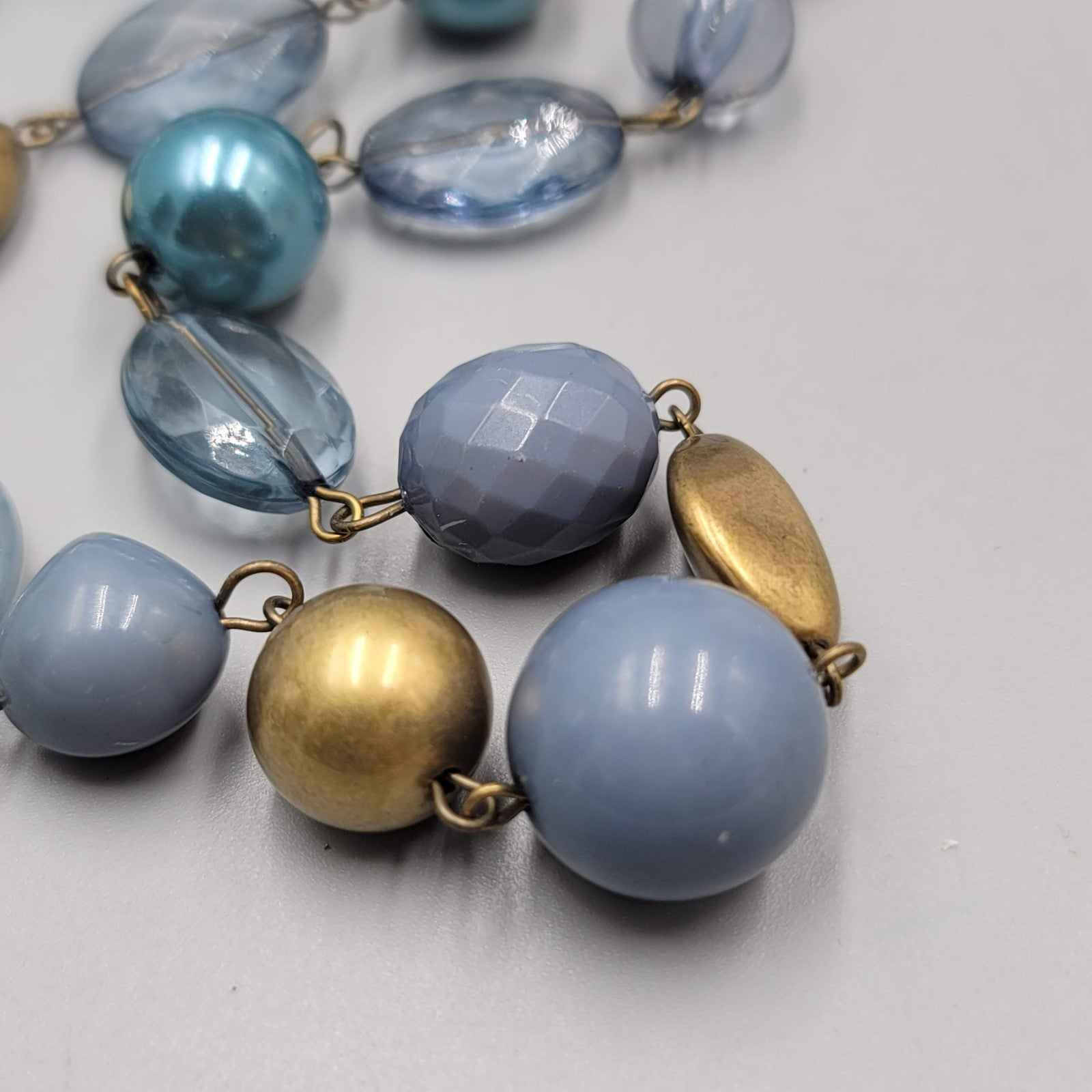 Blue Bead Necklace Bronze tone Chain 36" Long