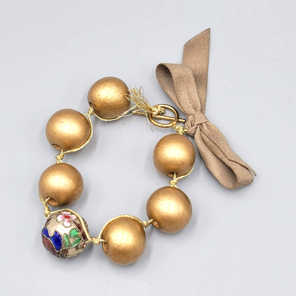 Vintage Cloisonne Bead Bracelet Wood Bead 6.5"