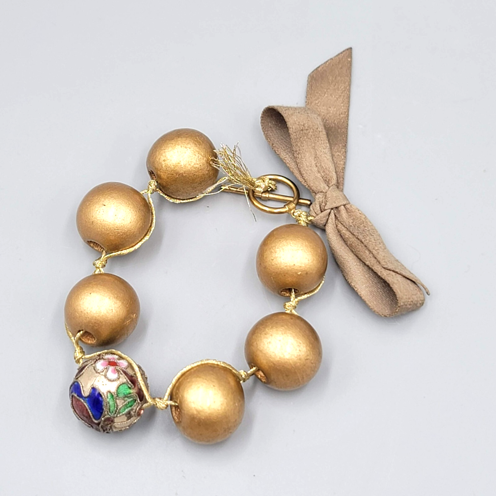 Vintage Cloisonne Bead Bracelet Wood Bead 6.5"