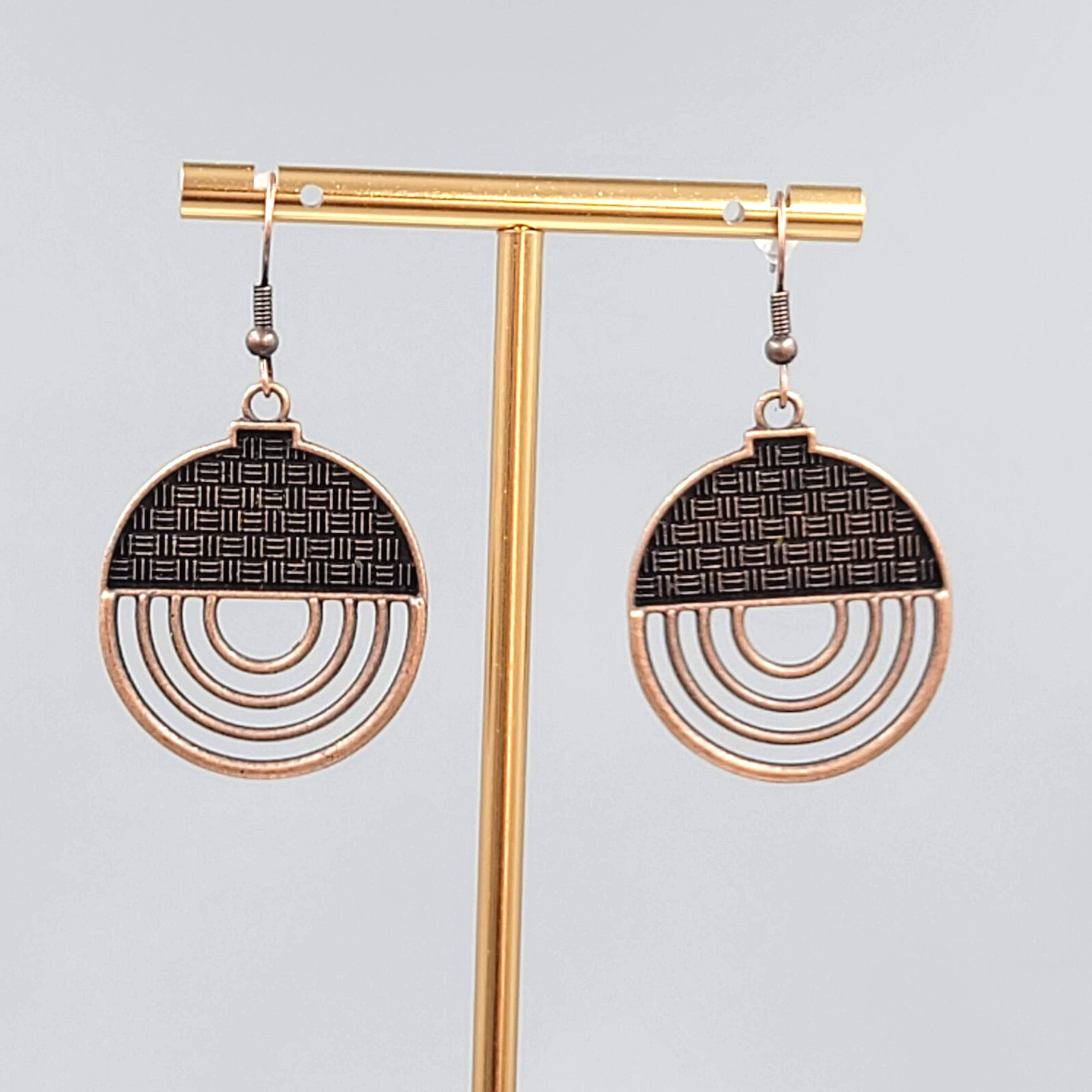 Bronze tone Dangle Pierced Earrings Textured Round Open Work Dangle 1 3/8"