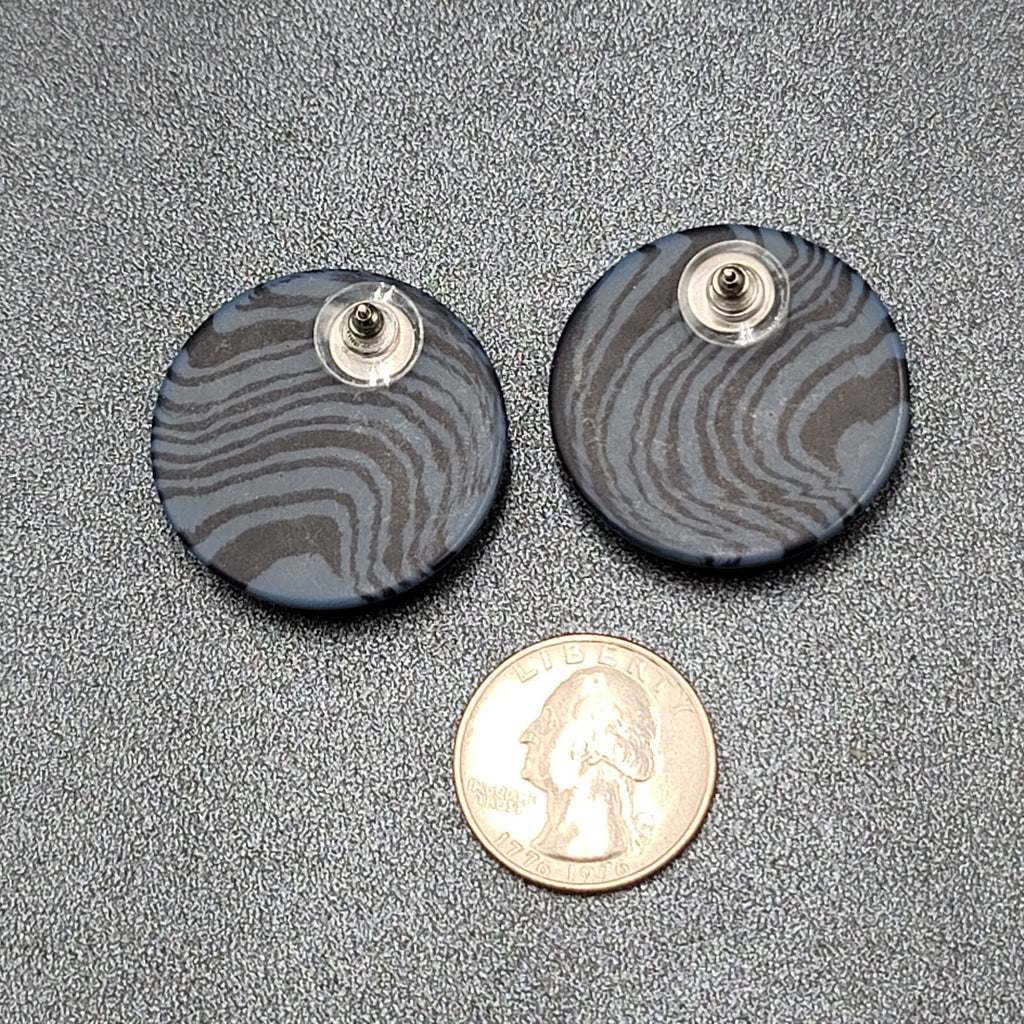 Vintage Pierced Earrings Blue Black Swirl Disc Drop 1.25"