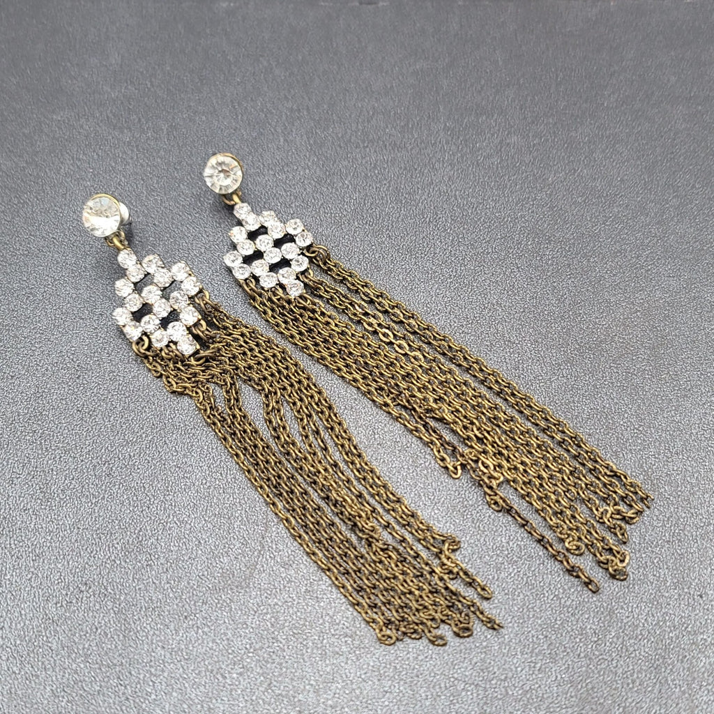 Pierced Earrings Bronze tone Sparkle Rhinestone Chain Dangle Long 4.5"