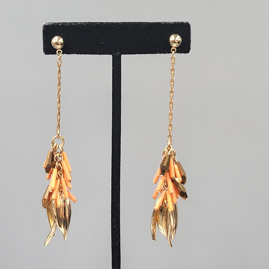 Vintage Pierced Earrings Gold tone Leaf Charms Peach Beads LONG 3.75"