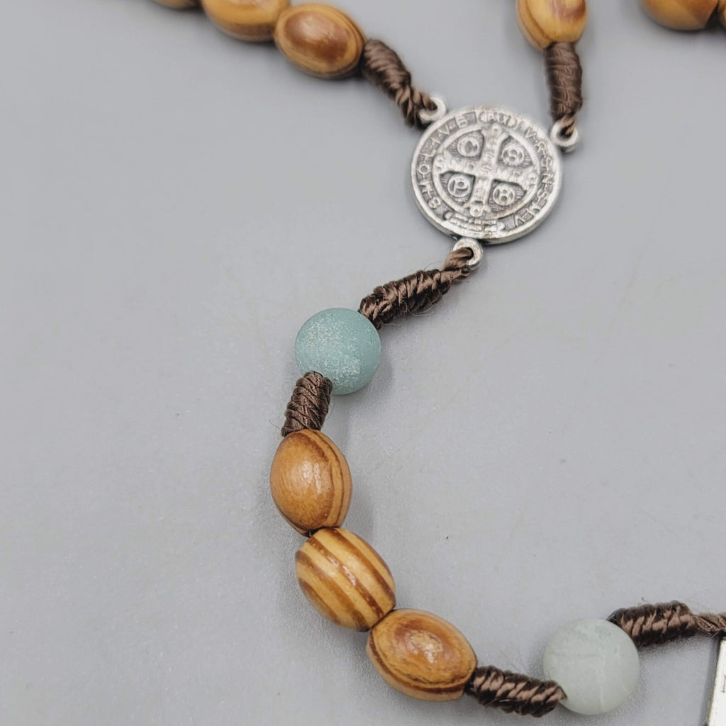 Catholic Rosary Crucifix Wood Beads Silver tone