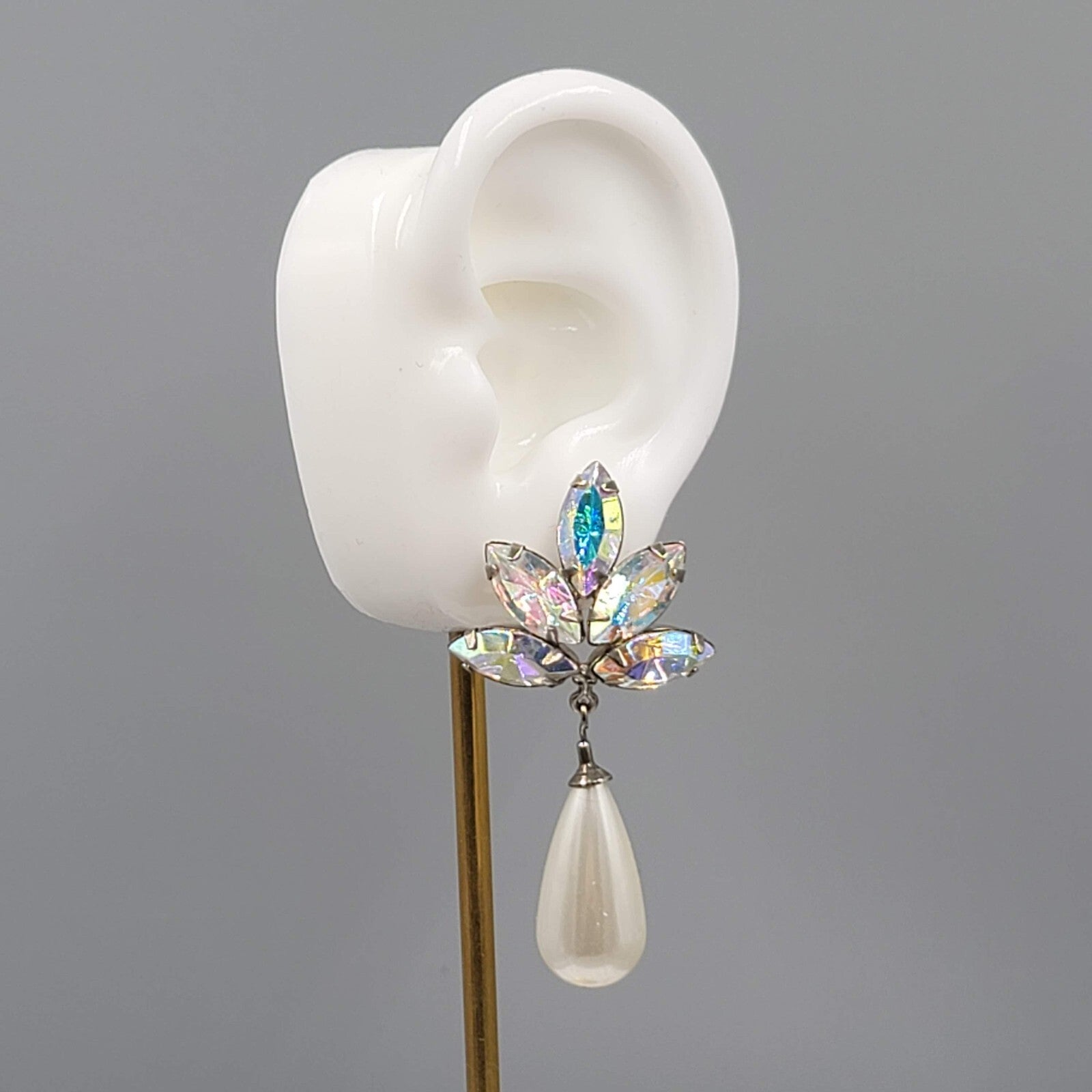 Vintage Statement Pierced Earrings Large AB Rhinestone Faux Pearl Teardrop 2.25"