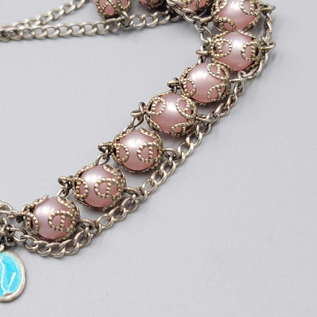 Vintage Sterling Rosary Pink Moonglow Capped Beads Bracelet 7"