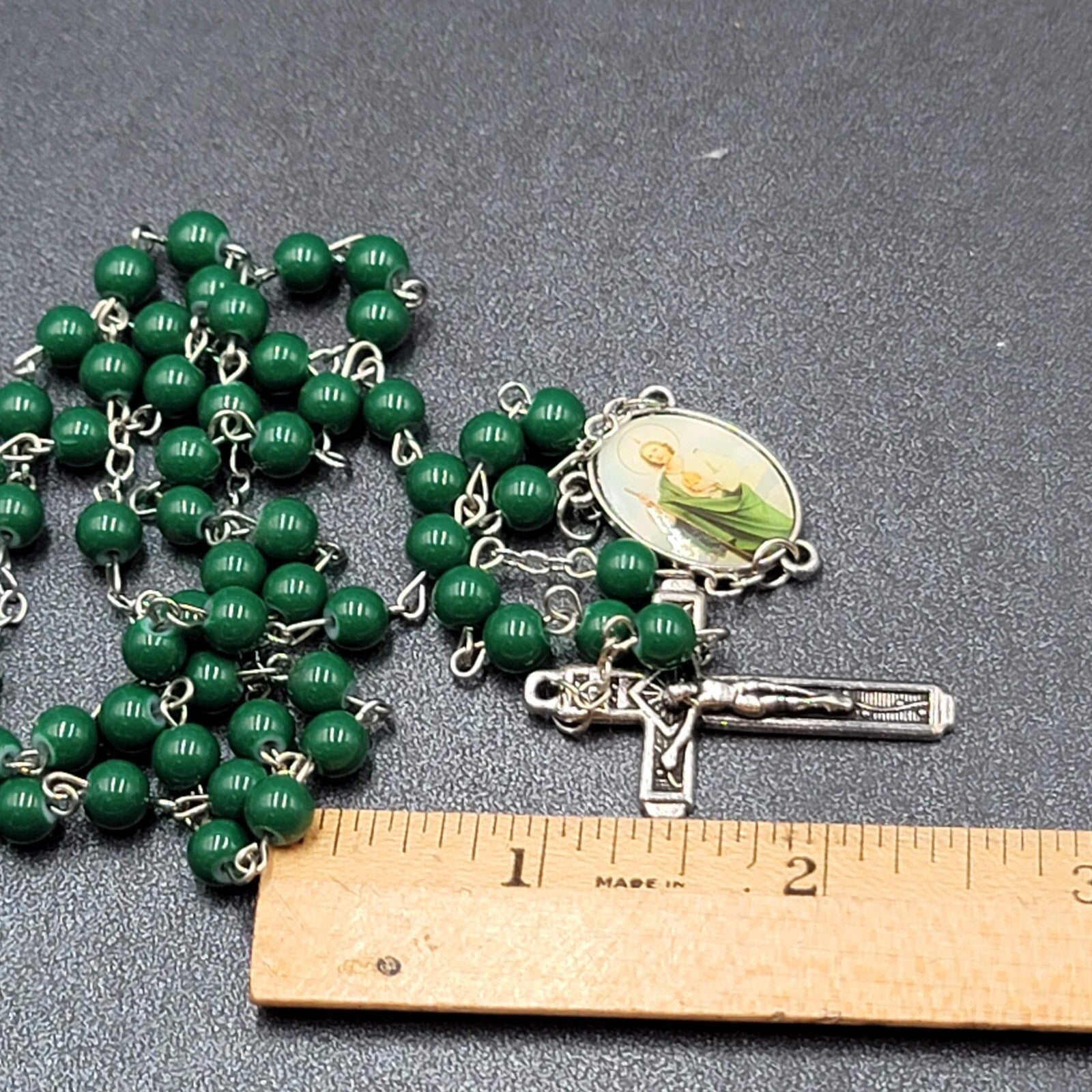 Saint Jude Rosary Silver tone Green Beads