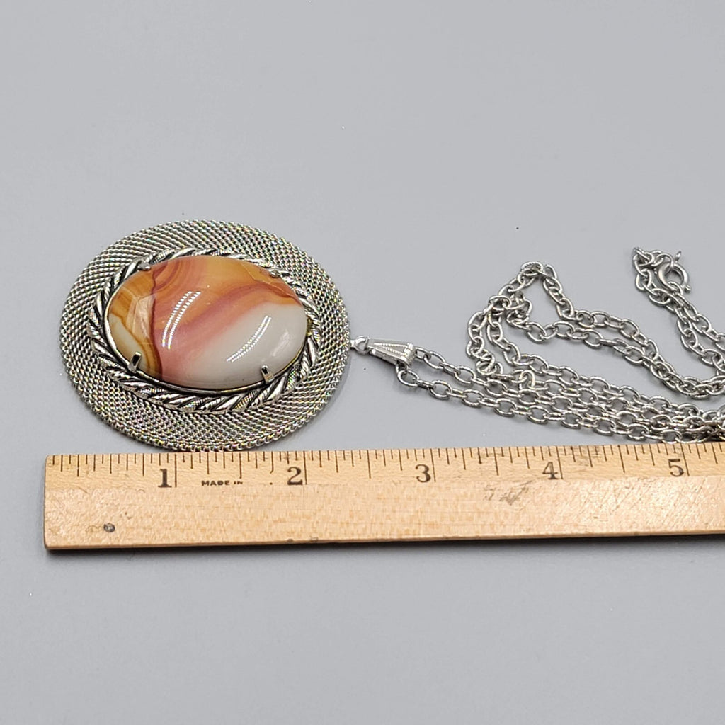 Vintage Large Pendant Necklace Silver tone Agate Oval Center 23" Chain