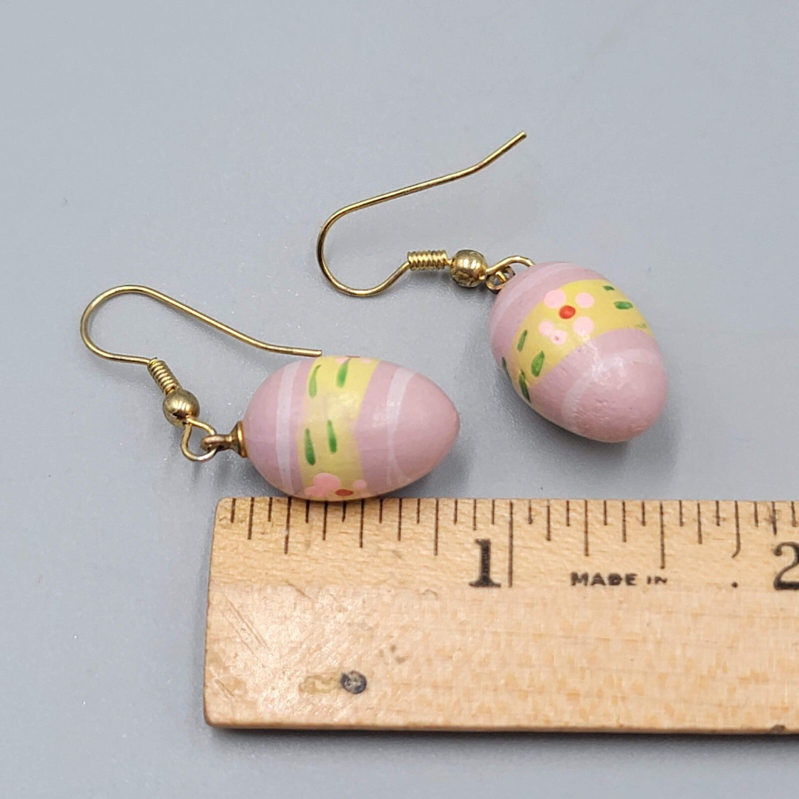 Vintage Pink Easter Egg Pierced Earrings Hand Painted Wood Dangle 7/8"