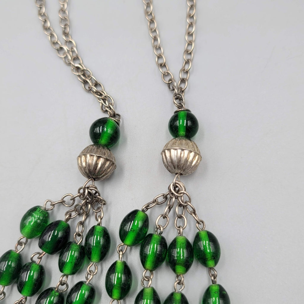 Green Glass Bead Curtain Tie Backs Set of 2 Silver tone Chain