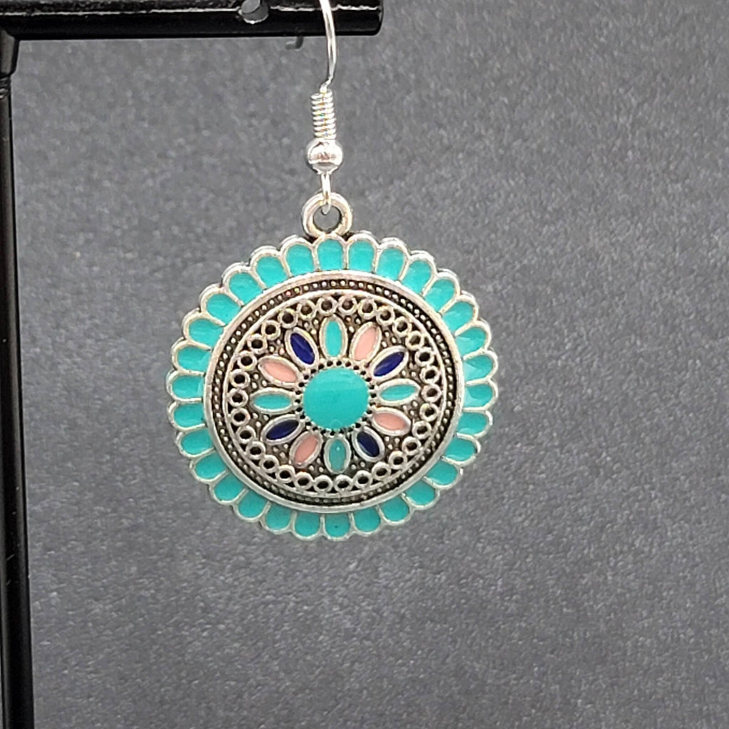 Pierced Earrings Silver tone Enamel Medallion Round Dangle Multicolor 1"
