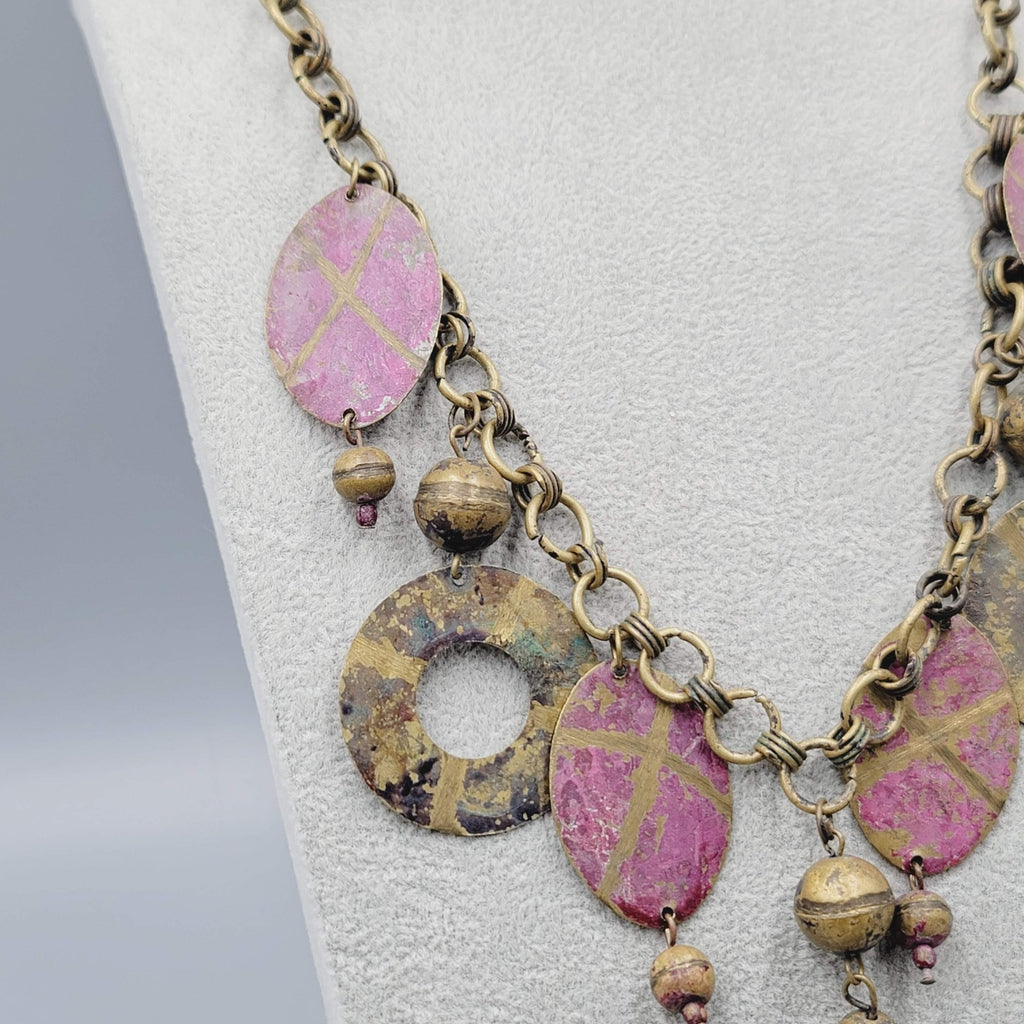 Vintage Artisan Ethnic Necklace Brass Pink Painted Metal Chain Artistic 24"