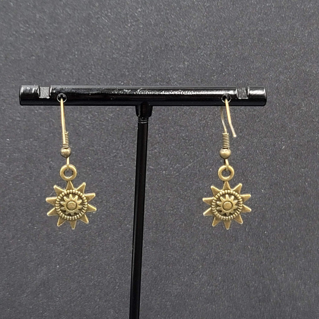 Sun Pierced Earrings Bronze tone Embossed Dangle New 5/8"