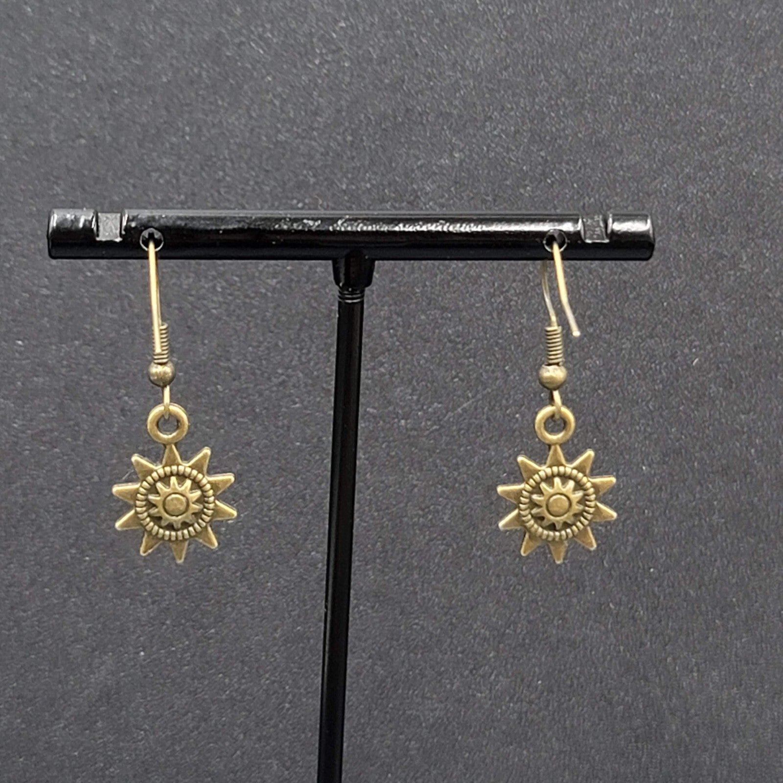 Sun Pierced Earrings Bronze tone Embossed Dangle New 5/8"