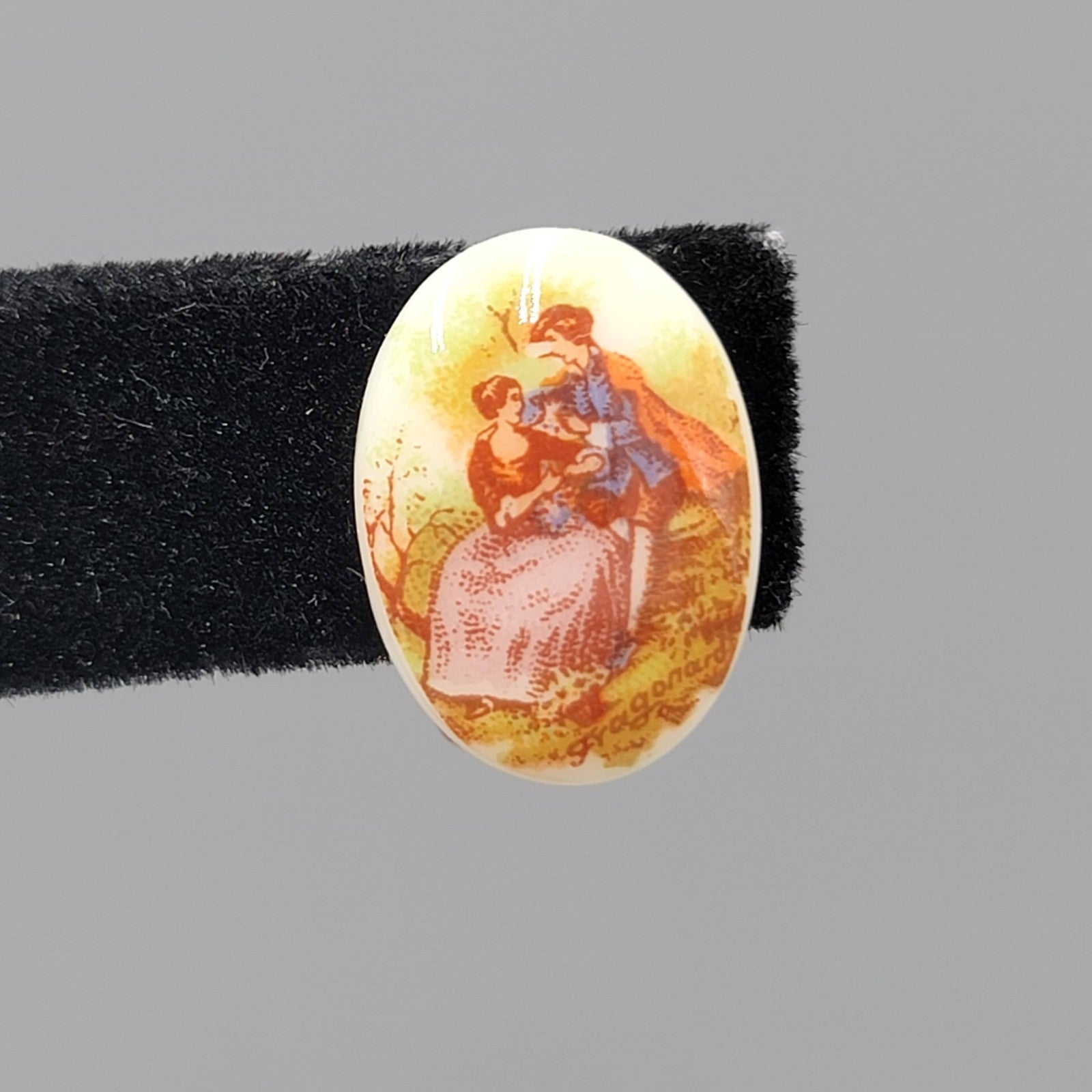 Vintage Victorian Scene Clip on Earrings Porcelain Oval Studs 3/4"