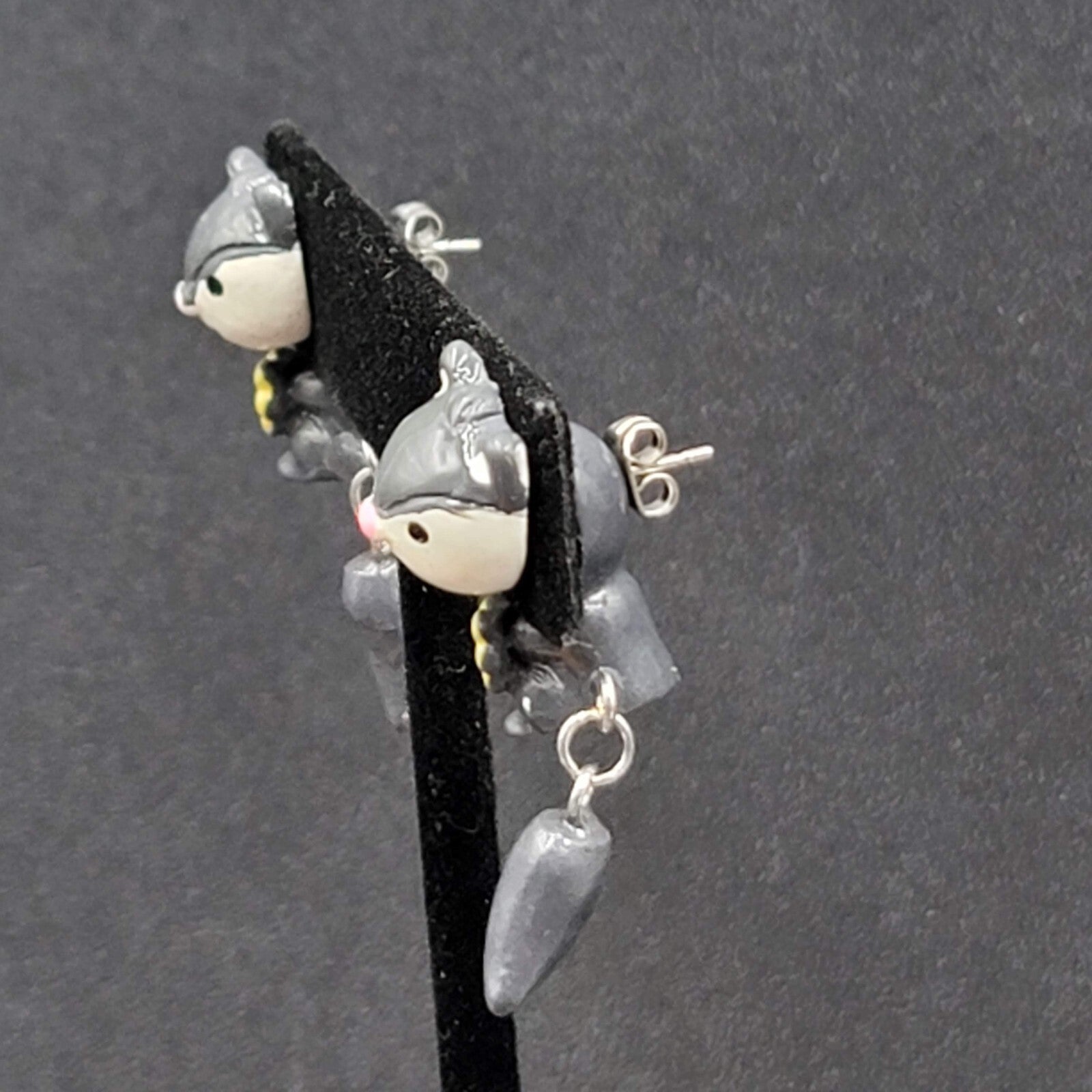 Vintage Pierced Earrings Gray Hand Painted 3D Skunk Dangle 1.25"
