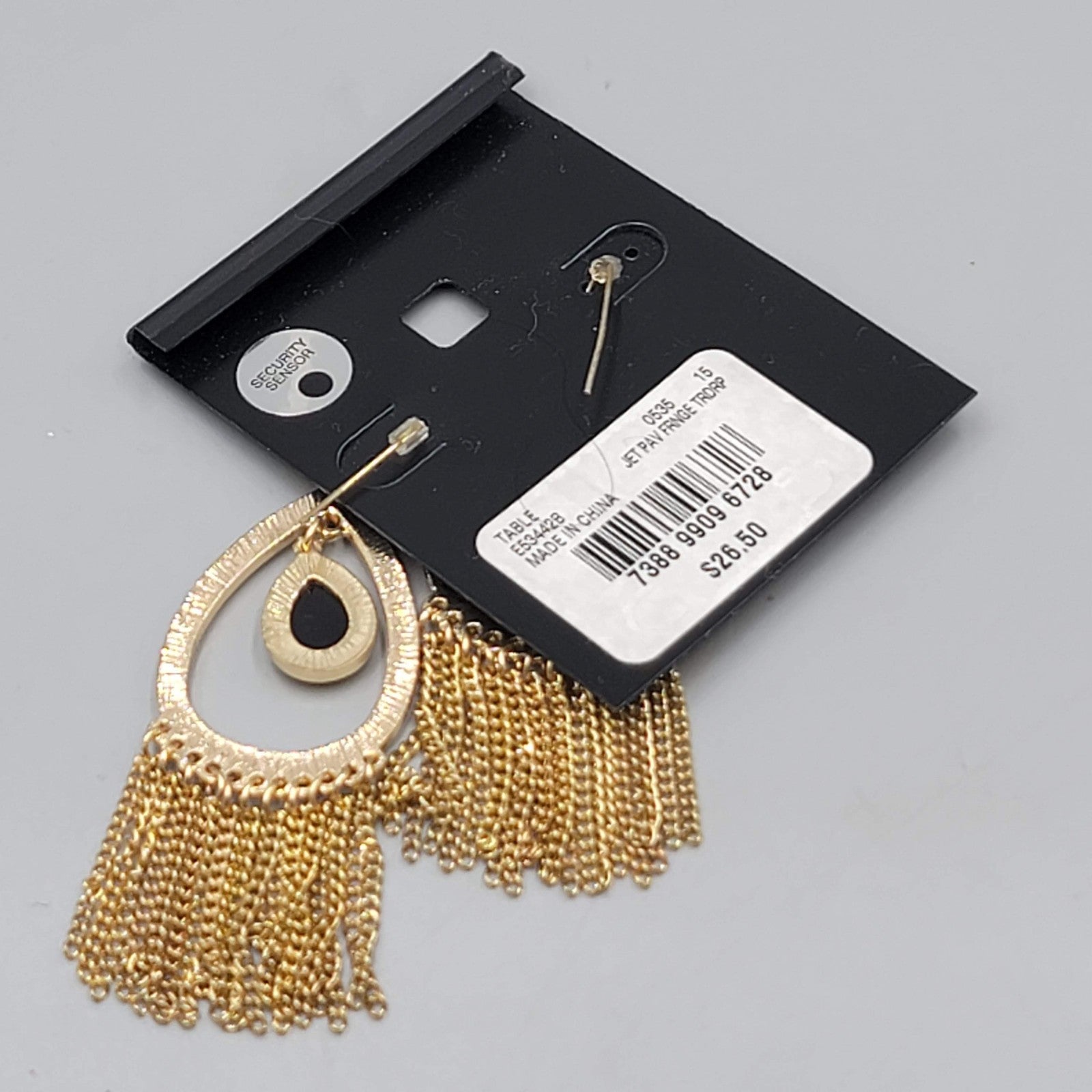 Thalia Sodi Fringe Pierced Earrings Black Teardrop Gold tone Dangle NWT 2.5"