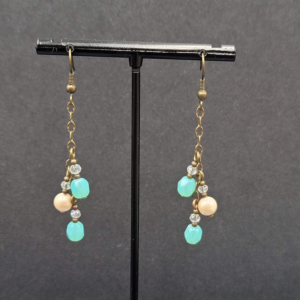 Pierced Earrings Bronze tone Blue Glass Bead Dangle Chains 1.75"