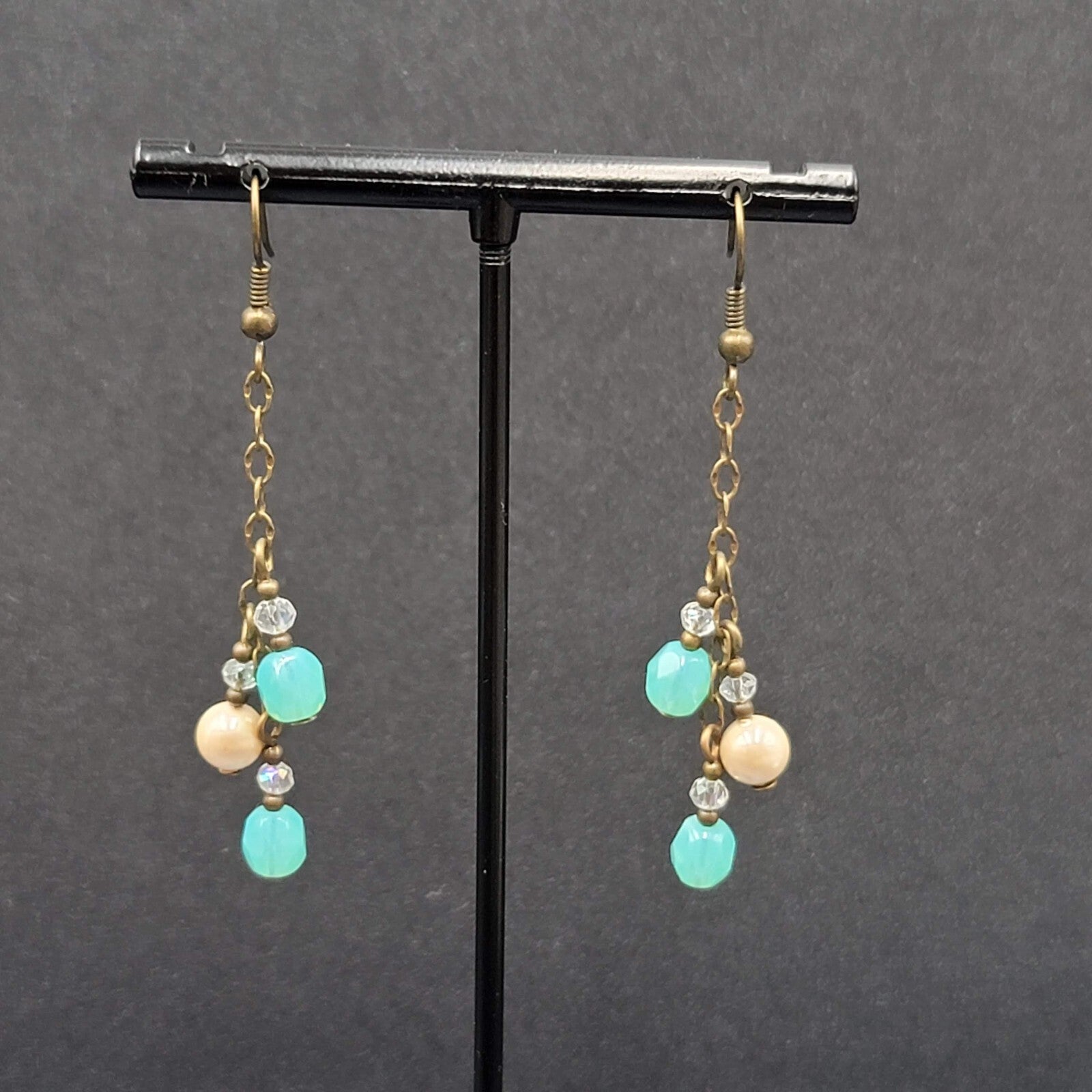 Pierced Earrings Bronze tone Blue Glass Bead Dangle Chains 1.75"