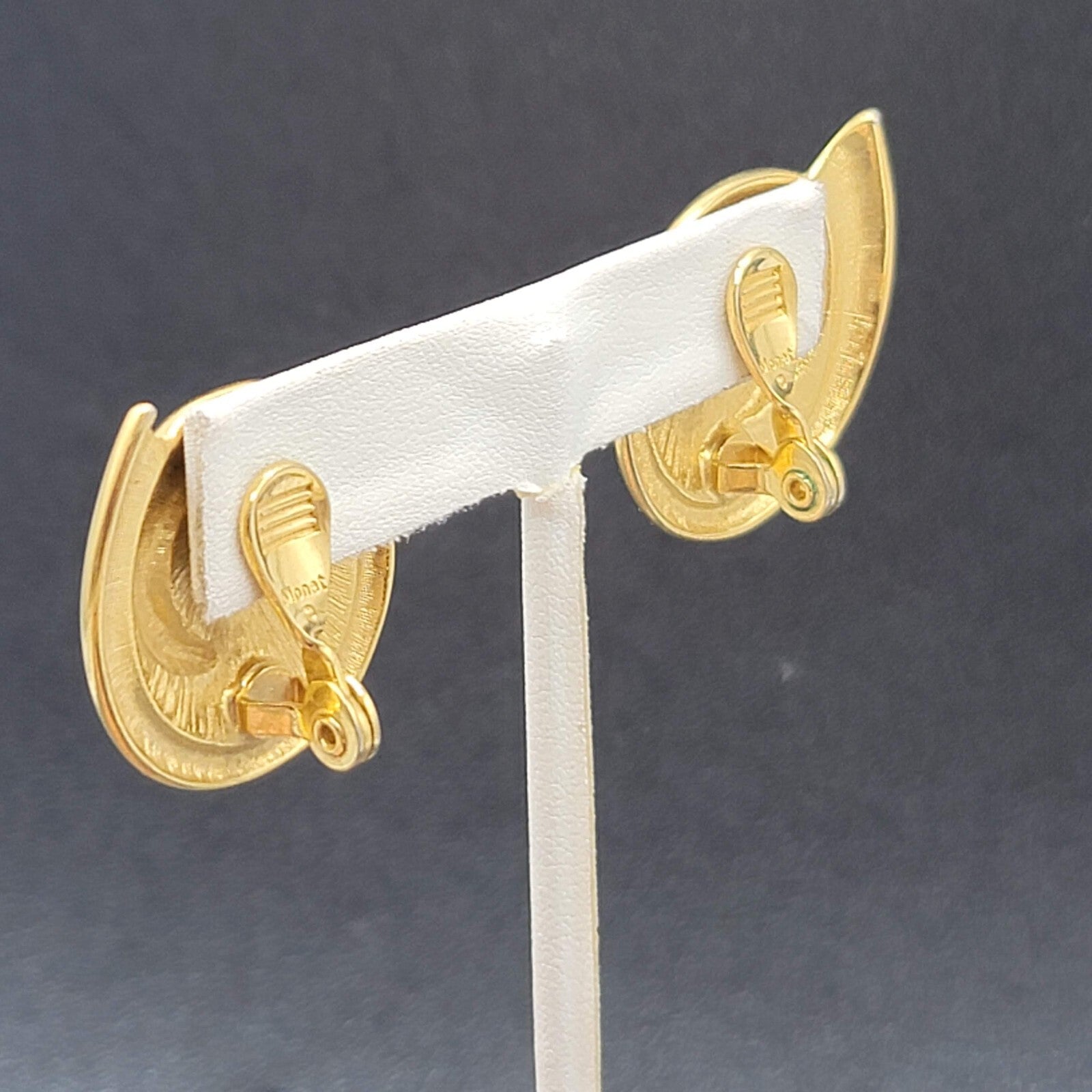 Vintage MONET Clip on Earrings Gold Plated White Enamel Drop 1 3/8"