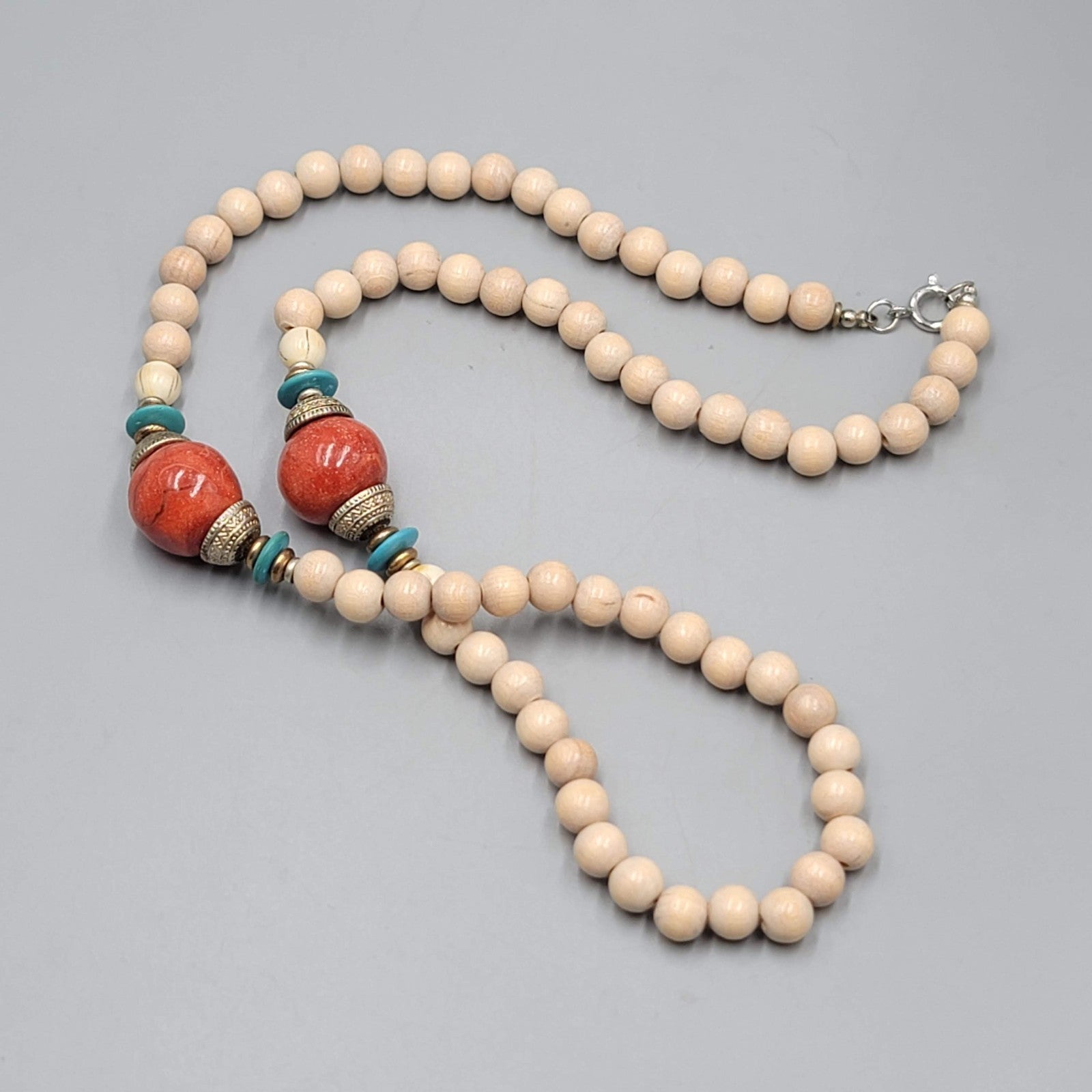 Vintage Coral and White Wood Bead Necklace Statement 24"