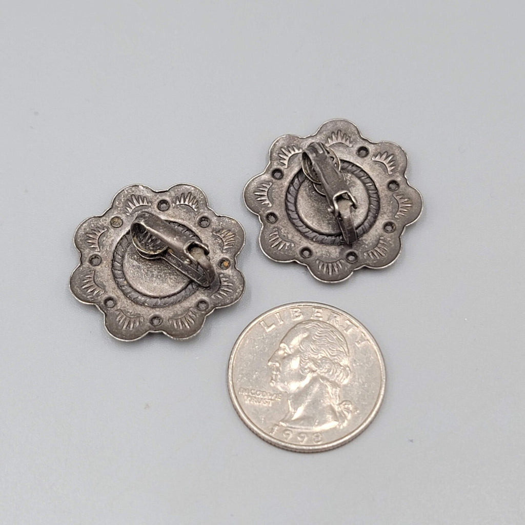 Vintage Flower Clip on Earrings Dark Gray Metal Green Enamel 1 1/8"