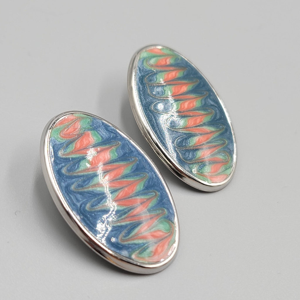 Vintage Pierced Earrings Pink Blue Enamel Silver tone Oval Drop 1 3/8"